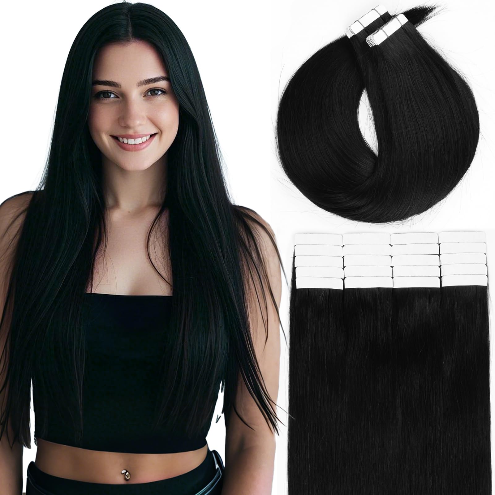 Loxxy 14 Inch Tape in Human Hair Extensions Jet Black Straight Remy Glue in Hair Extensions Invisible Virgin Hair Tape in Extensions for Women Double