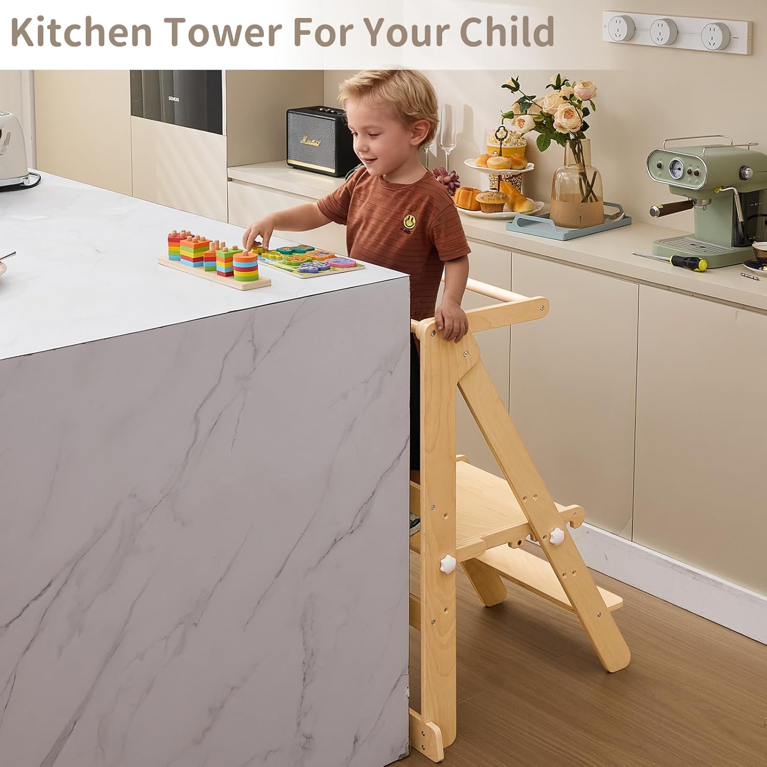 Foldable Toddler Learning Standing Tower, WOOD CITY Montessori Kitchen Step Stool Helper with 3 Adjustable Heights Learning Kitchen Tower (Natural)