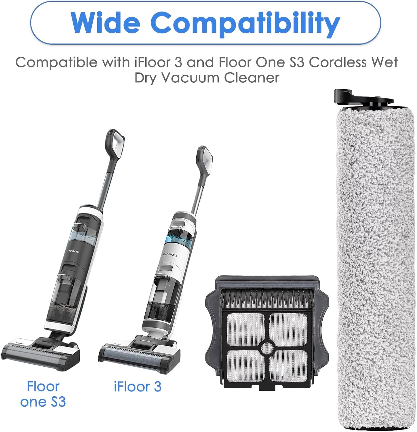 (7 Pieces) Replacement Brush Rollers and HEPA Filters Compatible with Tineco Floor One S3/ iFloor 3 Cordless Wet Dry Vacuum Cleaner, Replacement Parts Accessories Kit, 3 Brush Rollers, 4 HEPA Filters