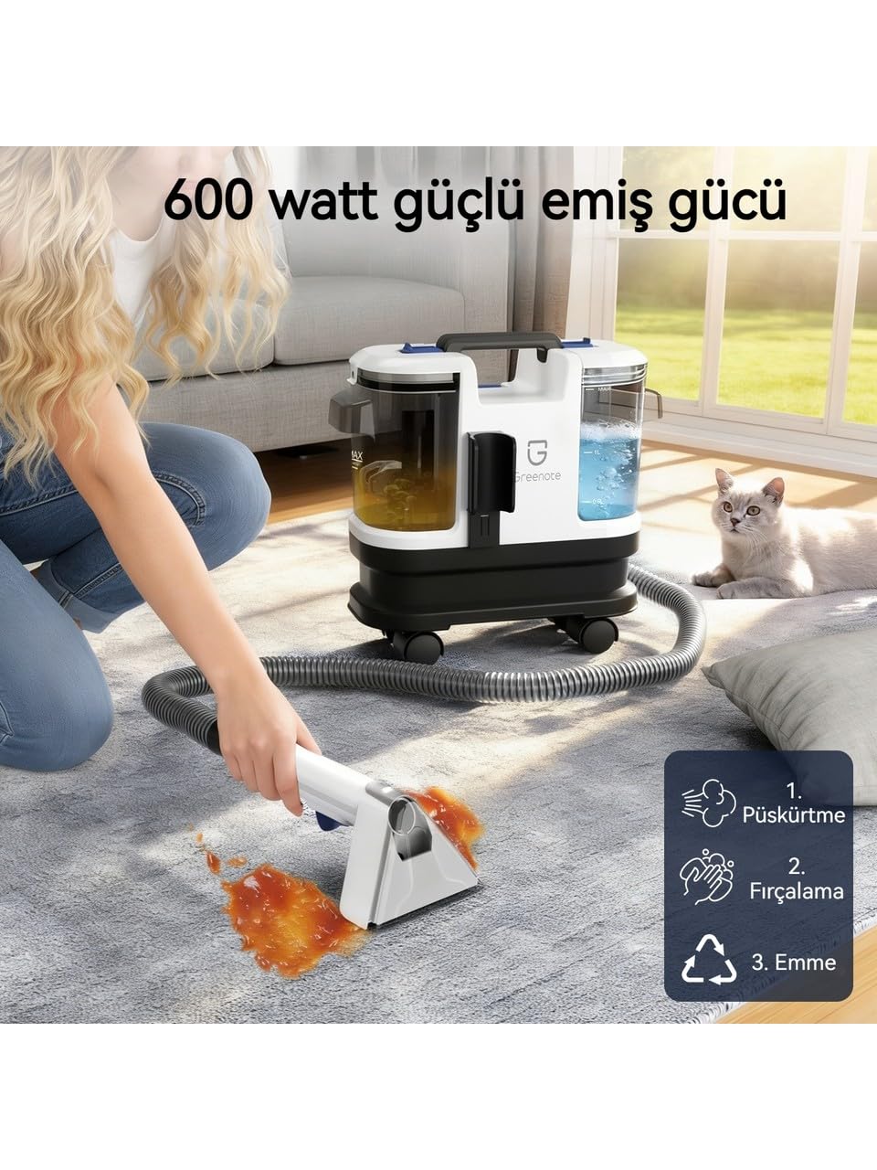 Greenote Halı/Koltuk Yıkama Makinesi ve Spot Temizleyici – Sofa, Halı ve Araç İçin Uygun, Güçlü Islak/Kuru Vakum, 1.8 L Su Tankı, Tekerlekli Tasarım