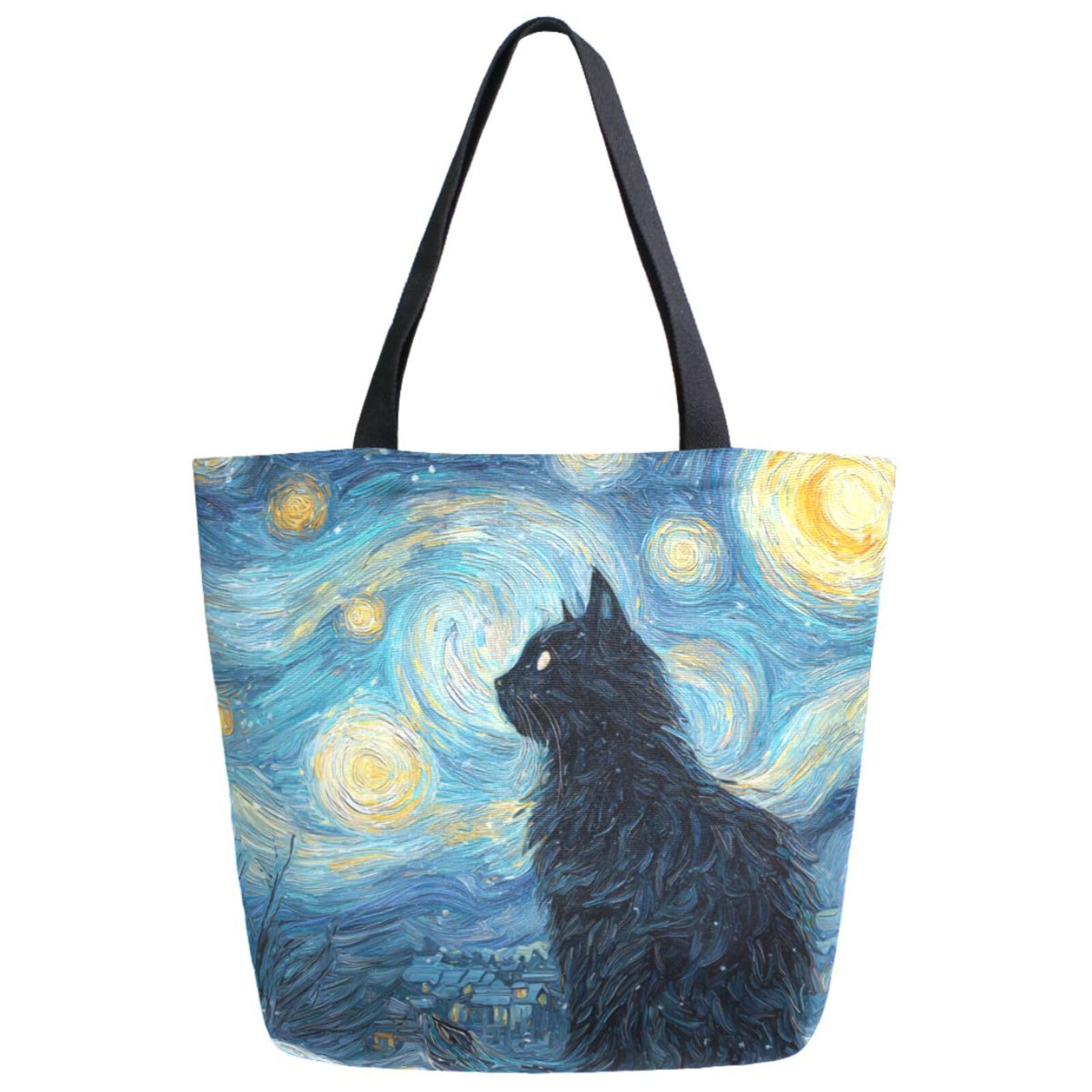 Pfrewn Starry Night Cat Canvas Tote Bag for Women Van Gogh Extra Large Grocery Bag Casual Beach Shopping Tote Heavy Duty Washable Shoulder Bags