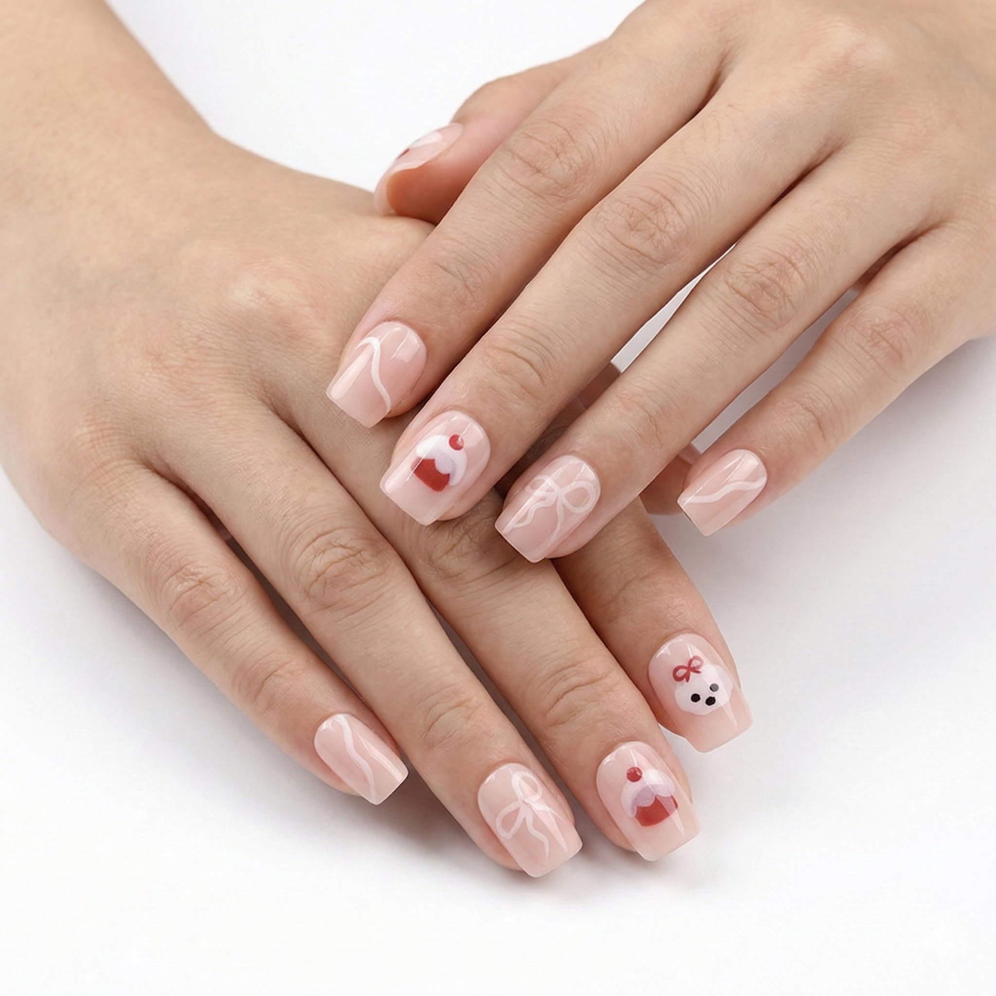 24 Nude Pink Press On Nails for Women | Cute Bow & Dessert Design Fake Nails | Reusable Glossy fake Nail-image-13