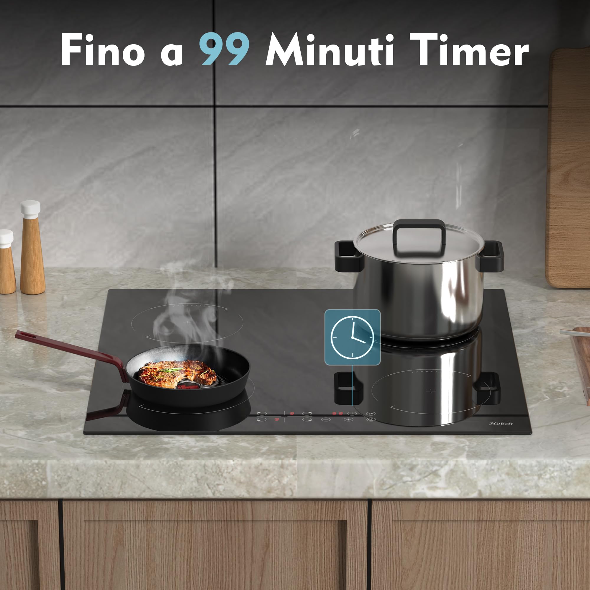 Hobsir Piano Cottura a Induzione 4 Fuochi, Piano Cottura Induzione con Spina, Piano a Induzione 4 Piastra 3500W, 60cm Piastra con 9 Power Comandi Toccare, Blocco di Sicurezza,Timer