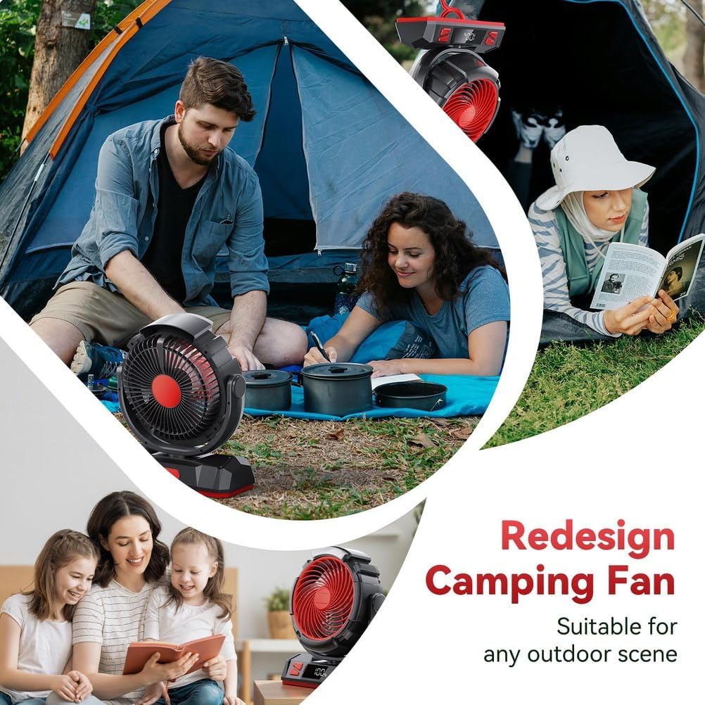 Camping LED Fan with Light, 6 Speed 20000mAh Rechargeable Battery Powered Outdoor Tent Fan with Light and Hook, Personal USB Desk Fan for Camping, Fishing