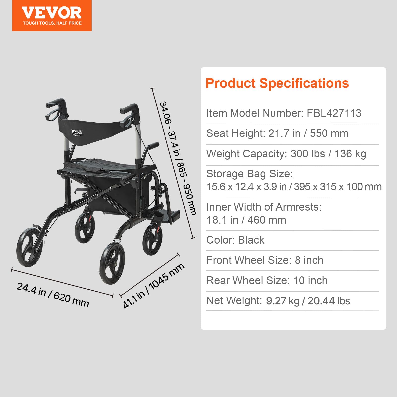 VEVOR Deambulatore 2 in 1 Sedia per Anziani, Deambulatore Pieghevole Combinato Sedia a Rotelle e Poggiapiedi, Deambulatore per Disabili in Alluminio con Maniglia Regolabile, Carico 300LBS