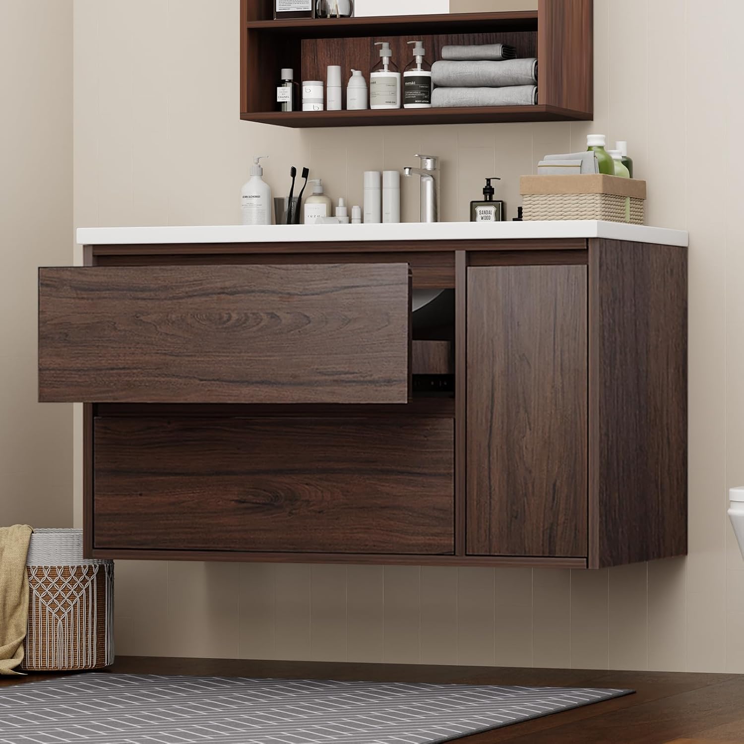 36-inch Luxury Bathroom Vanity with Sink, Stunning Walnut Finish, 2 Large Drawers & Hidden Storage, Invisible Handles, Moisture-Resistant. Ideal for Bathroom remodel and Upgrade.
