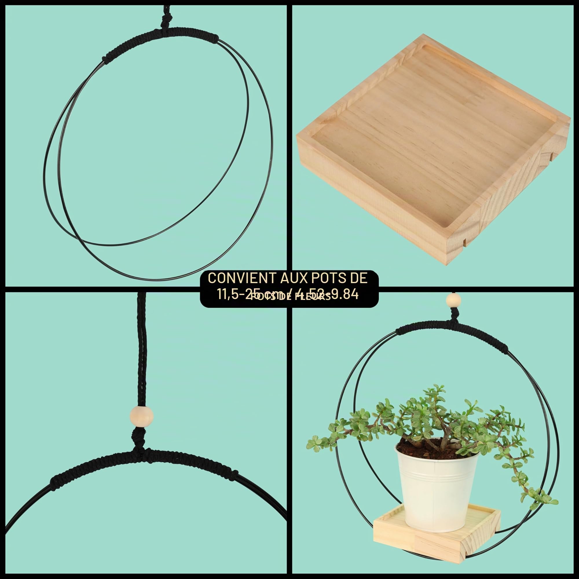 BELLE VOUS Suspension Macramé pour Plante - Suspension Macrame 107 cm avec Base en Bois - Support Pot de Fleurs et Plantes Intérieur et Extérieur avec Crochet de Suspension