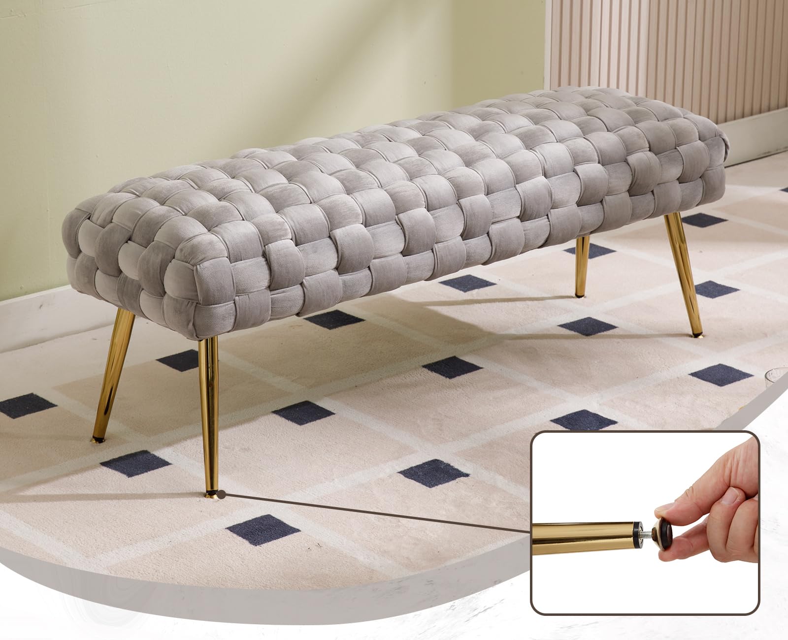 Banco Otomano de Terciopelo Tapizado con Patas de Metal Dorado, Asiento para Ventana para Dormitorio y Sala de Estar, Gris
