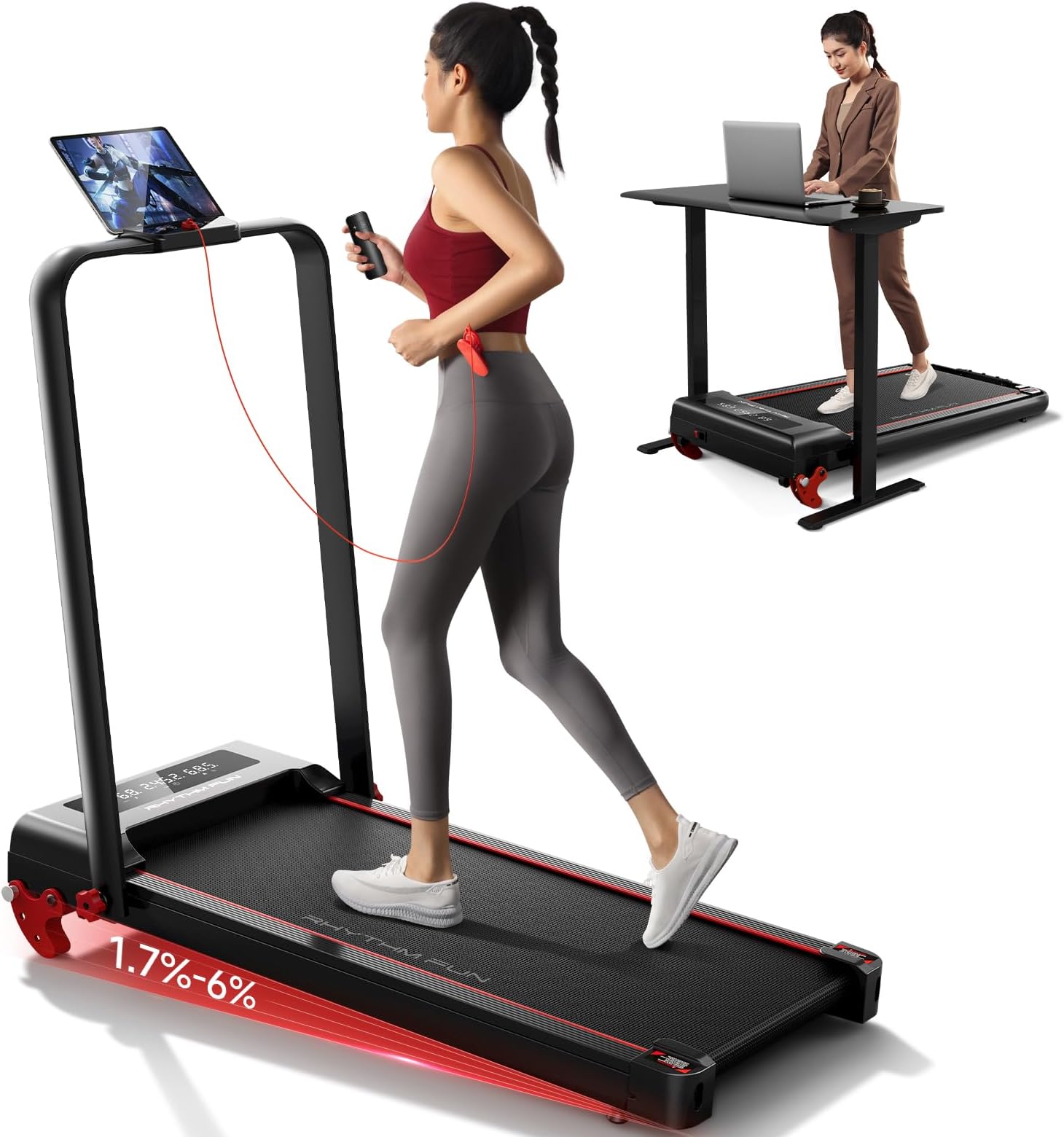 RHYTHM FUN Treadmill with Incline, Walking Pad with Handle Bar,300lbs Walking Pad with APP, Portable Folding Walking Treadmills for Home/Office with Low Noise