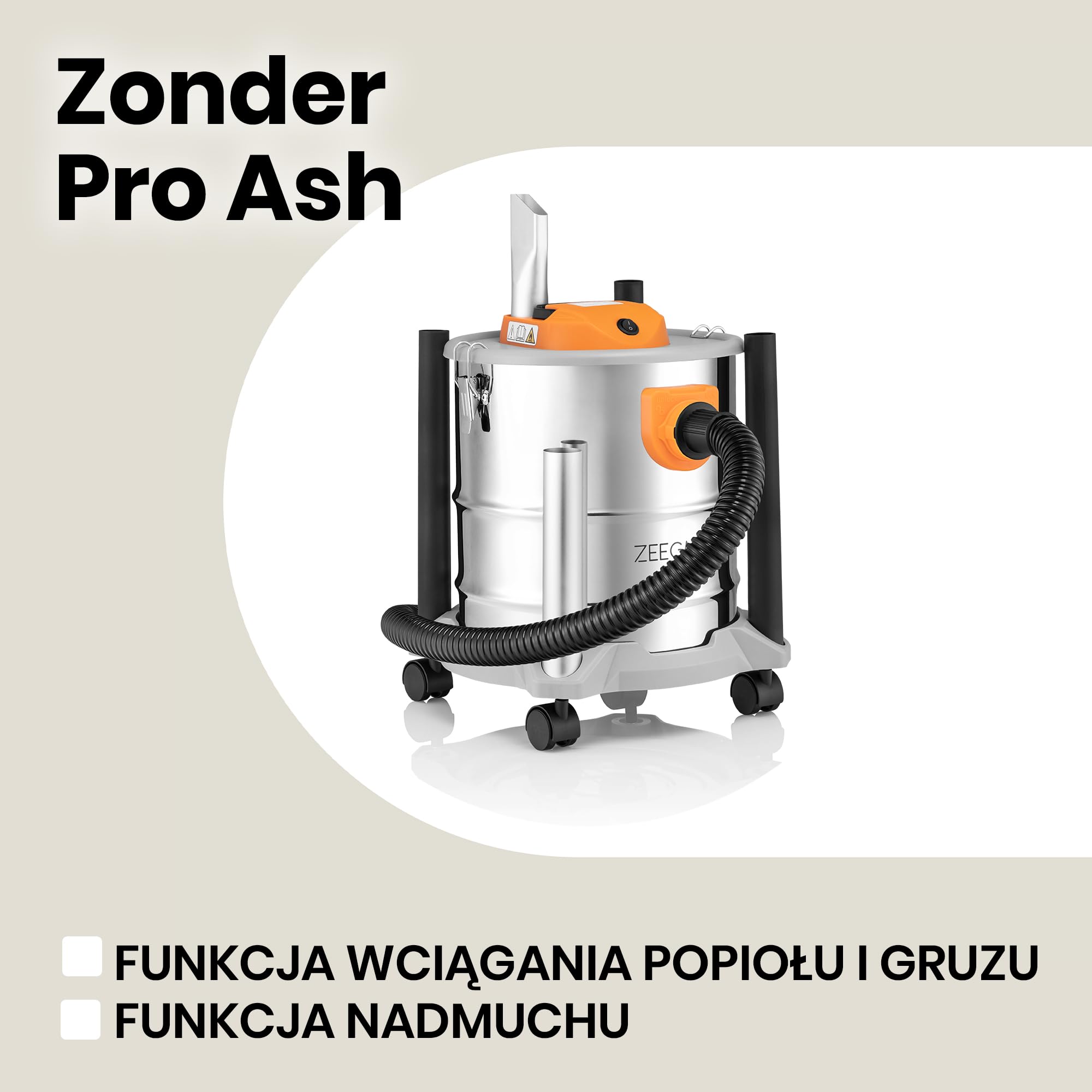 ZEEGMA ZONDER PRO ASH Odkurzacz do Pracy na Sucho do Popiołu i Gruzu, Odkurzacz Przemysłowy 1600W, Pojemnik ze Stali Nierdzewnej 20 L, Filtr HEPA, Funkcja Nadmuchu Przewód 5 m