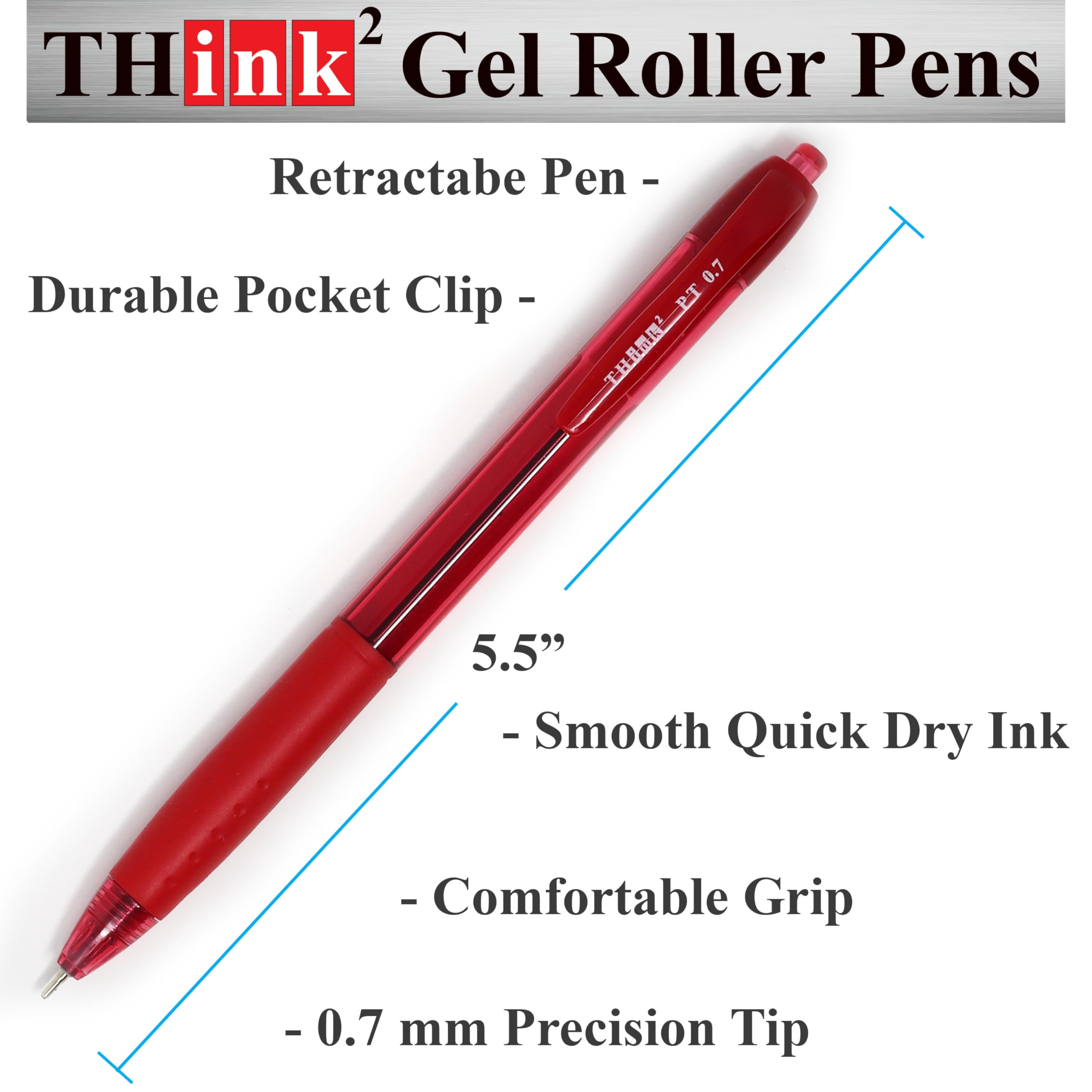 THINK2MASTER 24 bolígrafos de tinta roja Think2 de punta de precisión de 0,7 mm. (24 rojos) bolígrafos pequeños de punta fina con tinta suave de secado rápido.