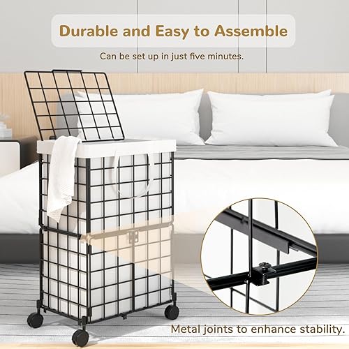 Miniatura 3 de cutefafa Cesta de lavandería de alambre con ruedas con forro extraíble, cesta de lavandería con tapa, plegable, organizador de ropa sucia,
