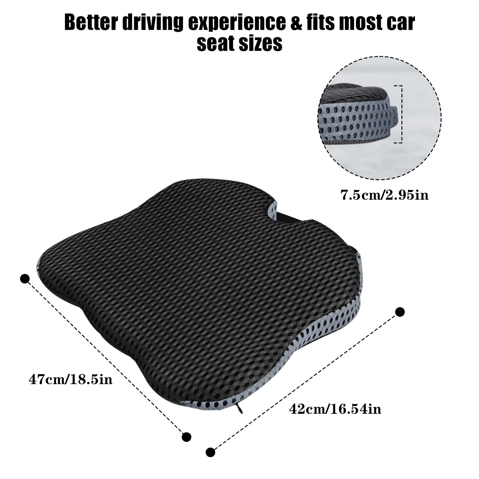 Cuscino Sedia, Cuscino per Wedile a Cuneo Dell'Auto, Cuscino per Sedile Auto con Fondo Antiscivolo, Adulti Rialzo Cuscini Ergonomico in Memory Foam, Cuscini per Auto Seduta Guidatore (Nero)