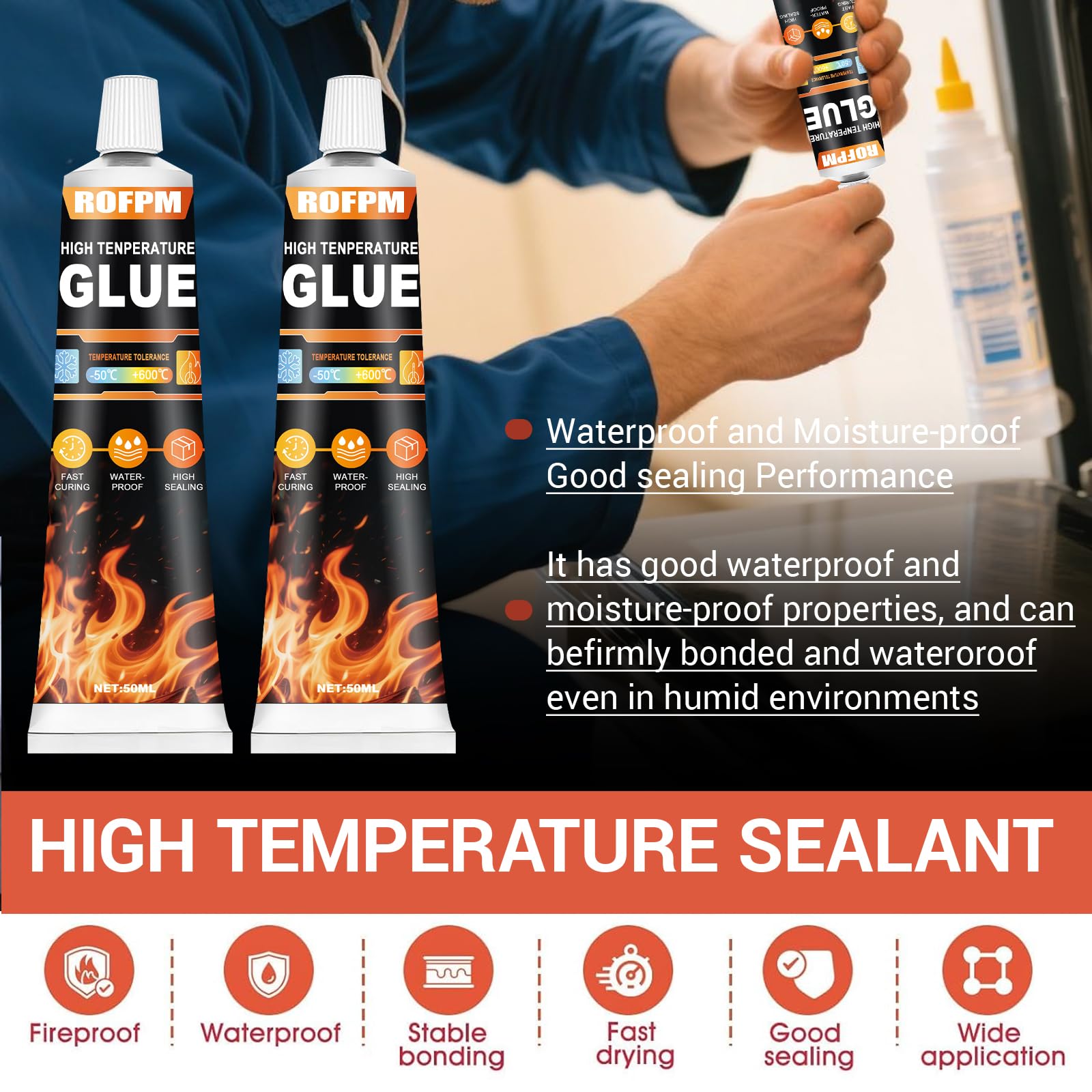 Colla Alta Temperatura, Nero Silicone Alte Temperature 600 Gradi, Resistente al Calore, Colla per Cavi di Tenuta, Ideale per Cielo Auto, Porta Forno, Stufa, Camino, Vetro, Motori