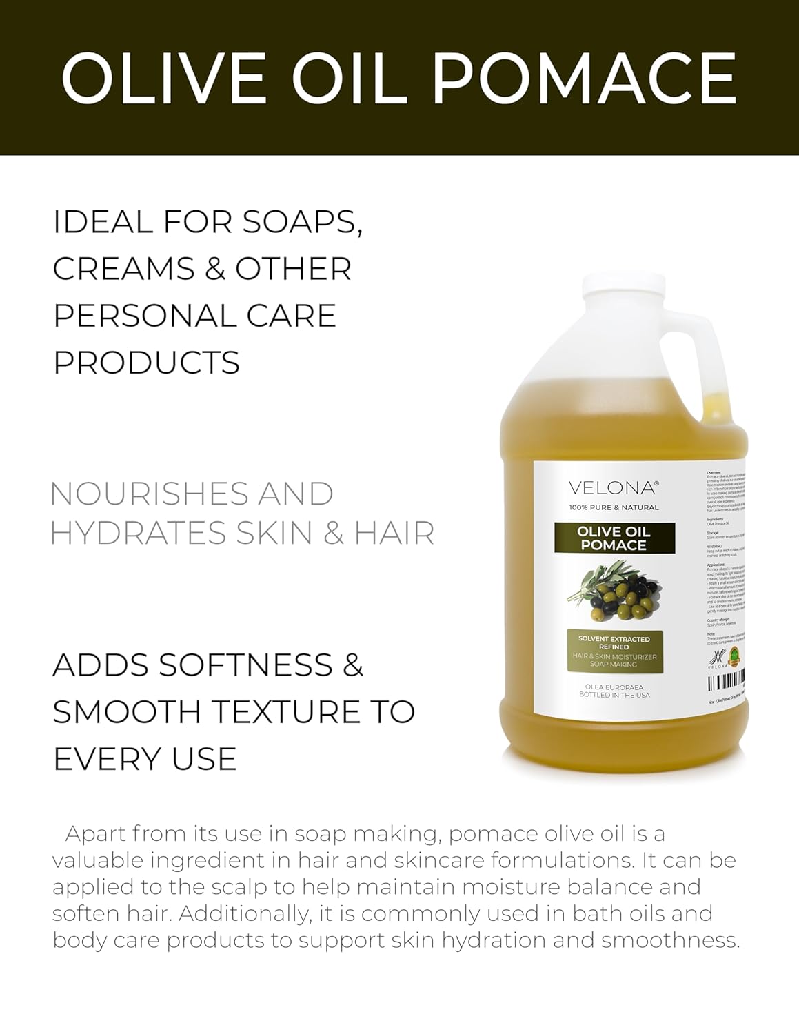 velona Olive Pomace Oil 64 Fl Oz | 100% Pure and Natural Carrier Oil | Refined | Skin, Hair, Body & Face Moisturizing | Use Today - Enjoy Results. - Image 2
