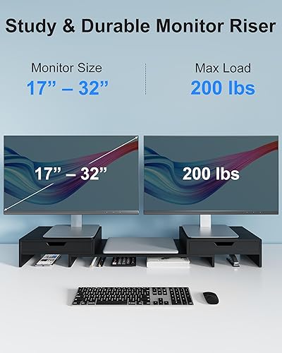 Miniatura 4 de Epesoware Soporte de monitor con 2 cajones para escritorio, soporte de bambú para monitor doble con almacenamiento, organizador de estante de