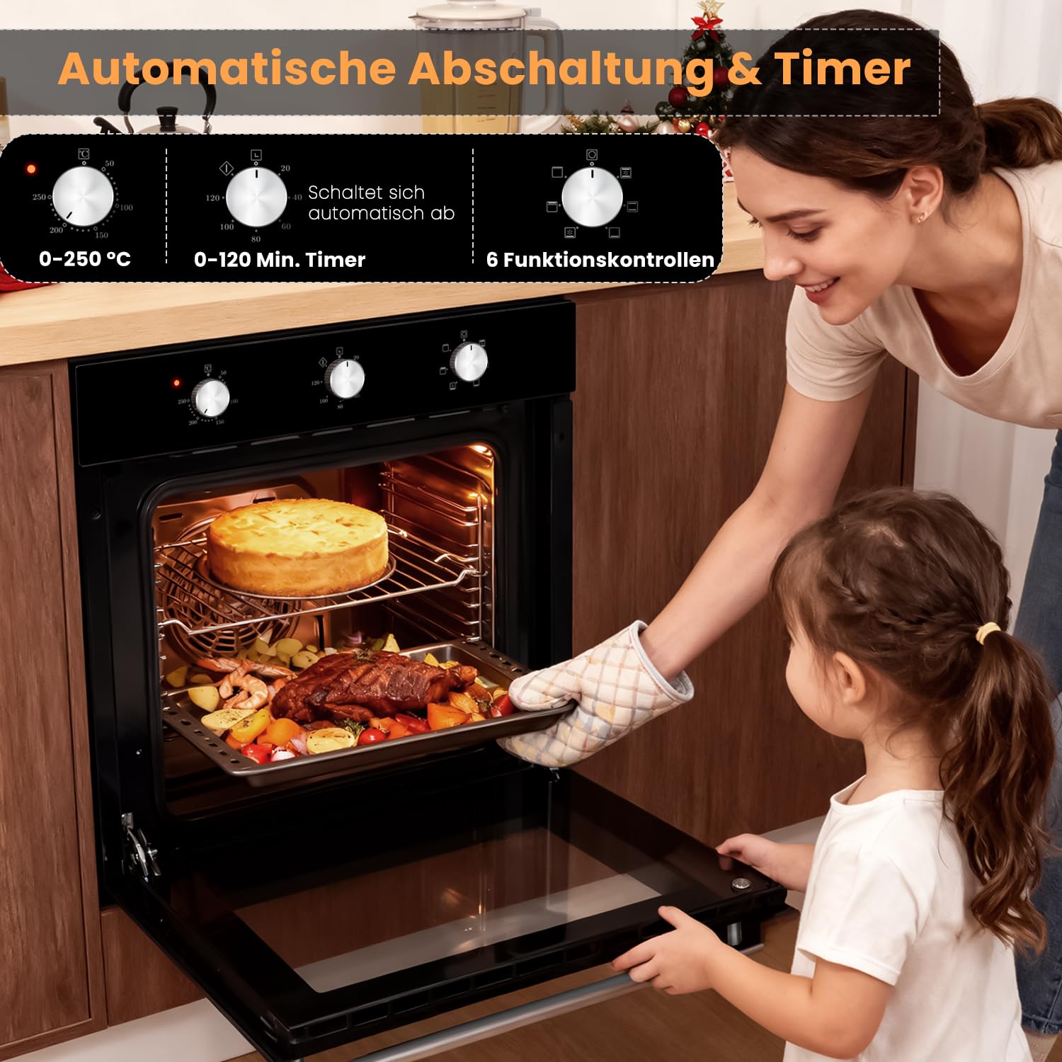 Hobsir 60 cm Einbaubackofen mit 60 L Volumen, Drehknopfsteuerung, 2200 W – Multifunktionsofen mit 6 Garprogrammen, Timer bis 120 Min, ideal für Profis und Einsteiger