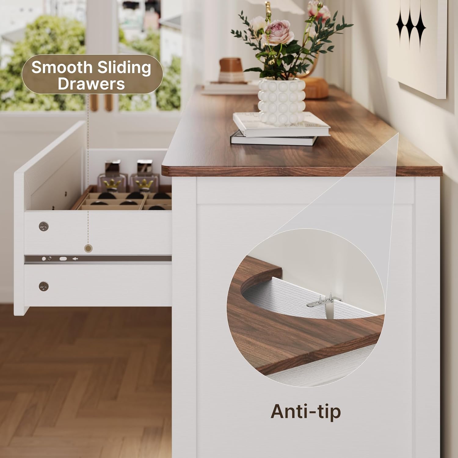 Gizoon 47.2" W Dresser for Bedroom, 6 Chest of Drawers, Modern Drawer Dresser, Wood TV Stand for Living Room, with Smooth Rail, Metal Handles, Anti-tip, Hallway, Retro