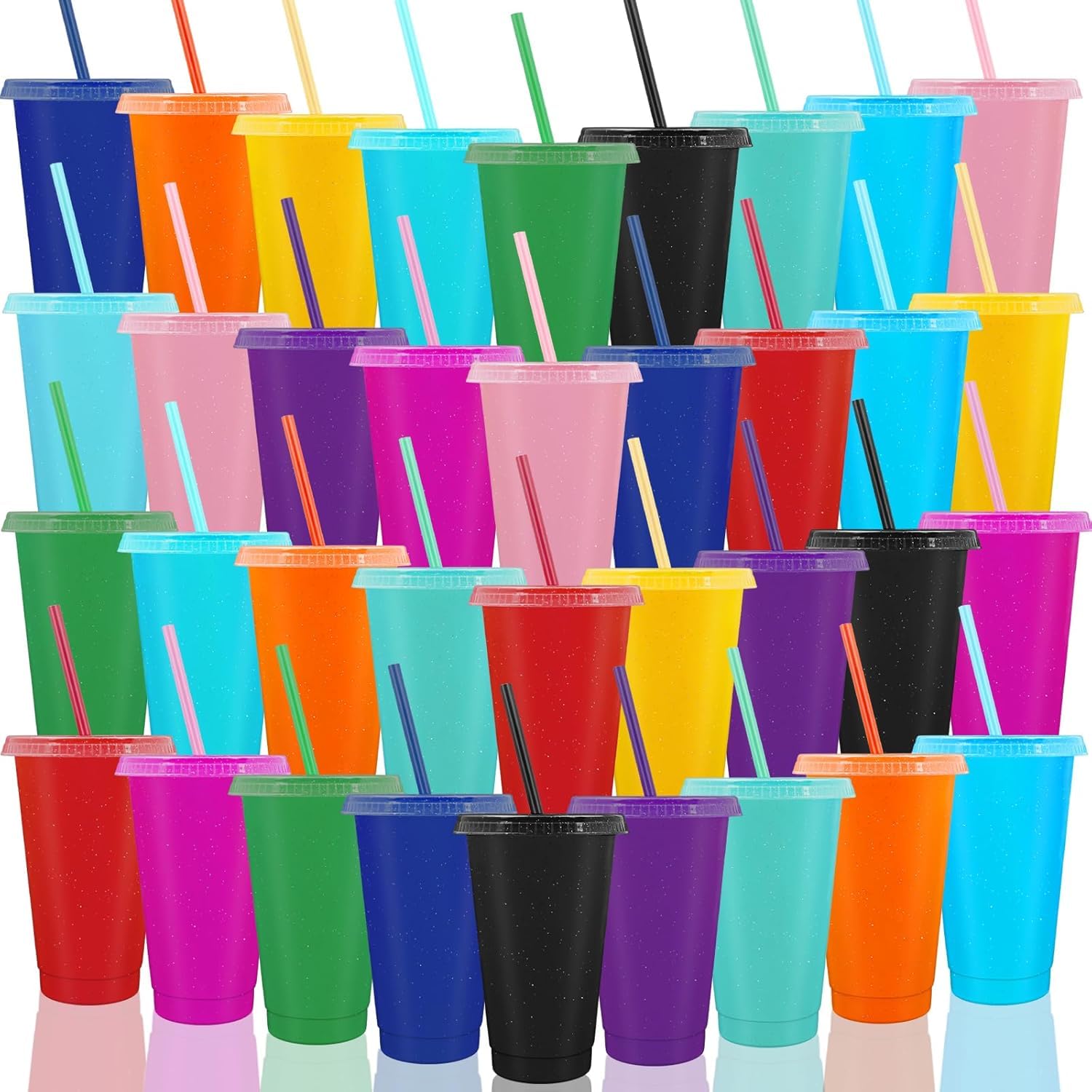 Malloom 36 vasos de plástico reutilizables con tapa y pajita, 700 ml, vasos de bebidas frías con purpurina, vasos para fiestas, tazas de viaje para café helado, batidos, cumpleaños