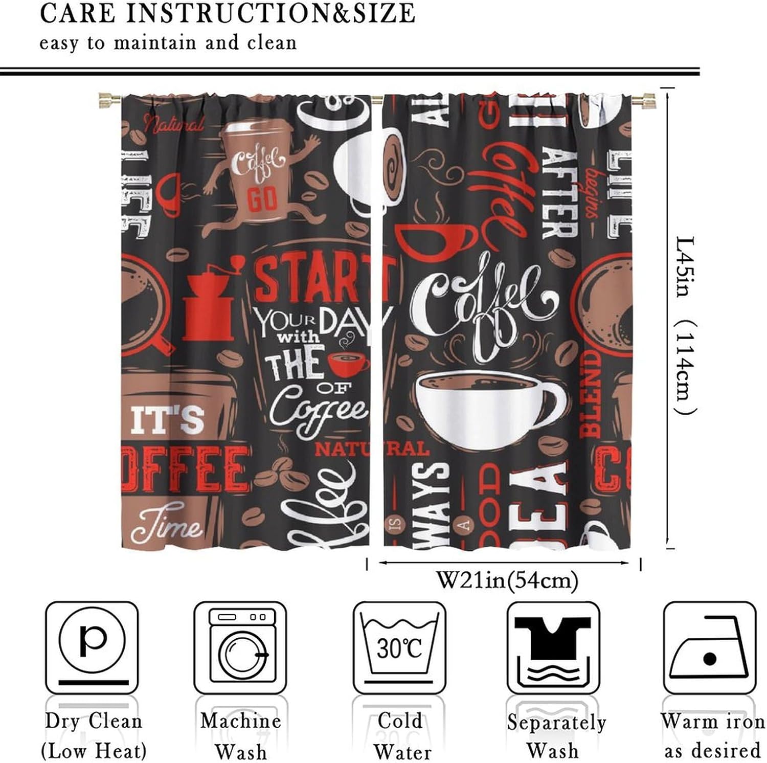 Coffee Kitchen Curtains Black Red Cute Brown White Cartoon Doodle Curtain with Rod Pocket for Farmhouse Bedroom Living Room Home Decor Drapes Window Treatments 2 Panels Set 42x45 Inch