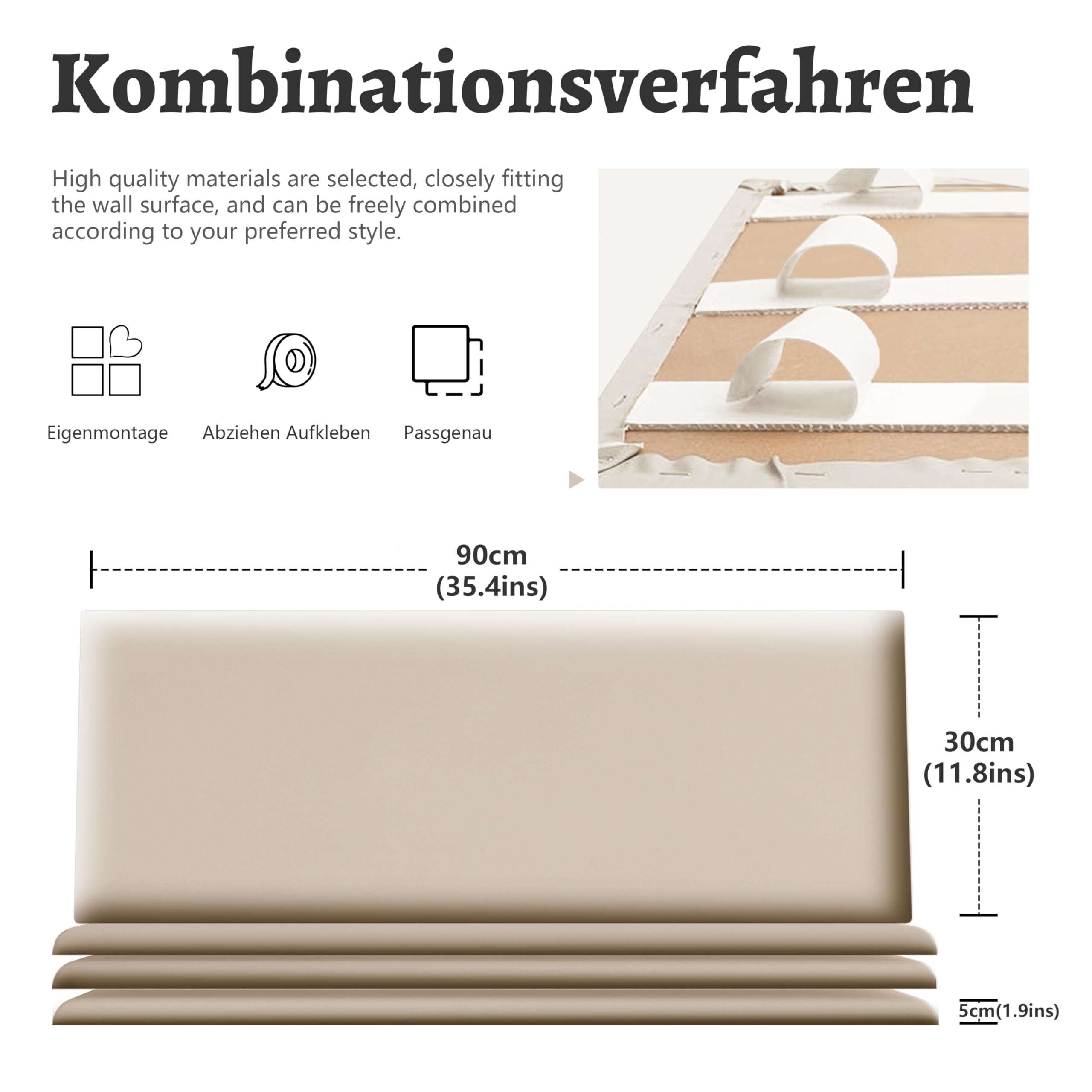 Johnear Lot de 4 coussins muraux 3D, en cuir rembourré, pour tête de lit, décoration murale, acoustique, pour chambre d'enfant, 90 x 30 cm, beige