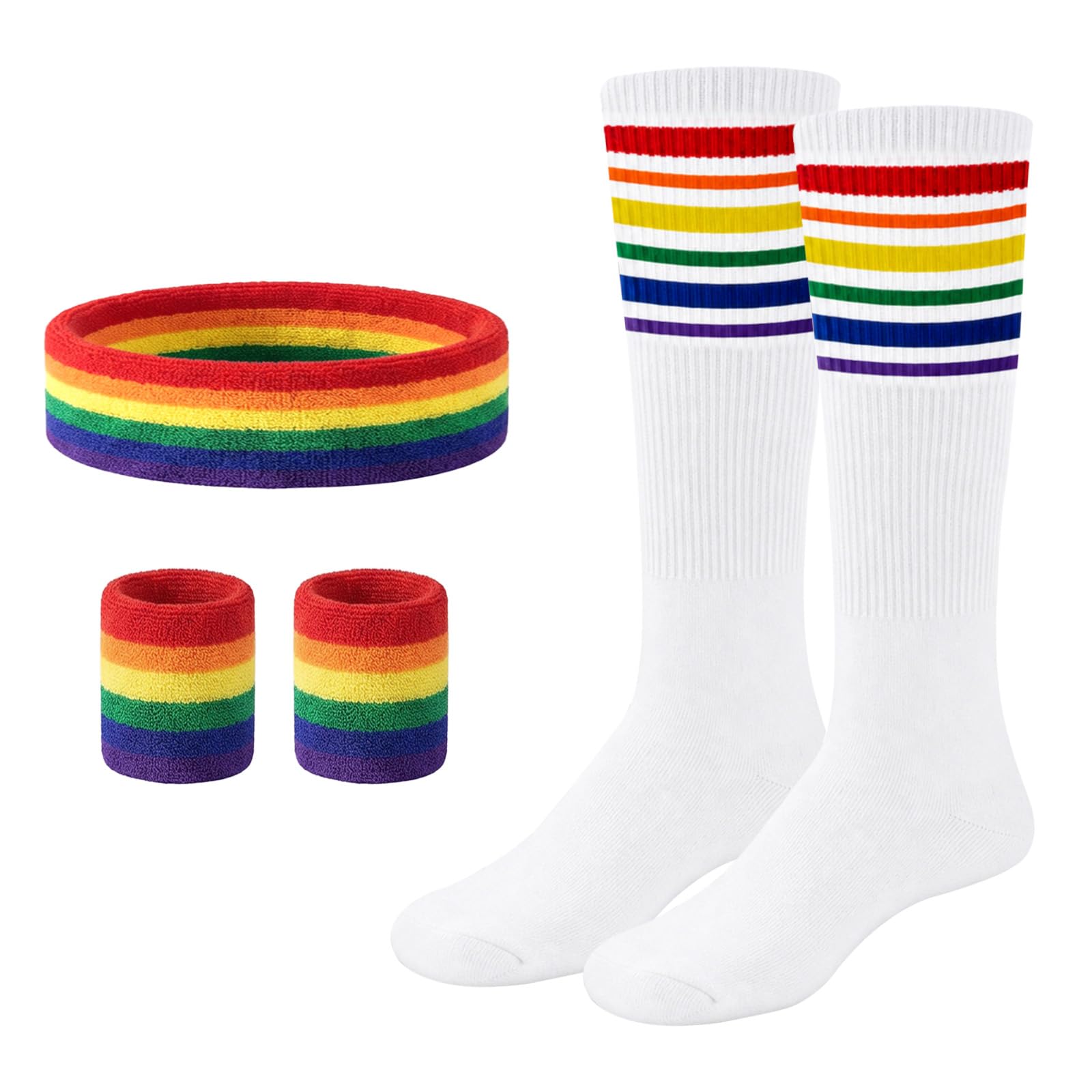 Lufdegim Sweatband and Socks Set, 80s 90s Sweatband Striped Headband, Bracelet, Striped High Socks for Women Men Sports Running Cycling Carnival Costumes Party, Rainbow colours, Socken 28cm, Stirnband