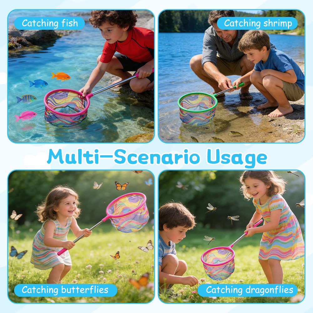 4 Stück Kescher Kinder, Teleskop Fischernetz Kinder, 31-99cm Ausziehbar Schmetterlingsnetz, Kinder Kescher für Fangen von Insekten, Schmetterlingen, Fischen, Strand, Teich, Garten, Outdoor