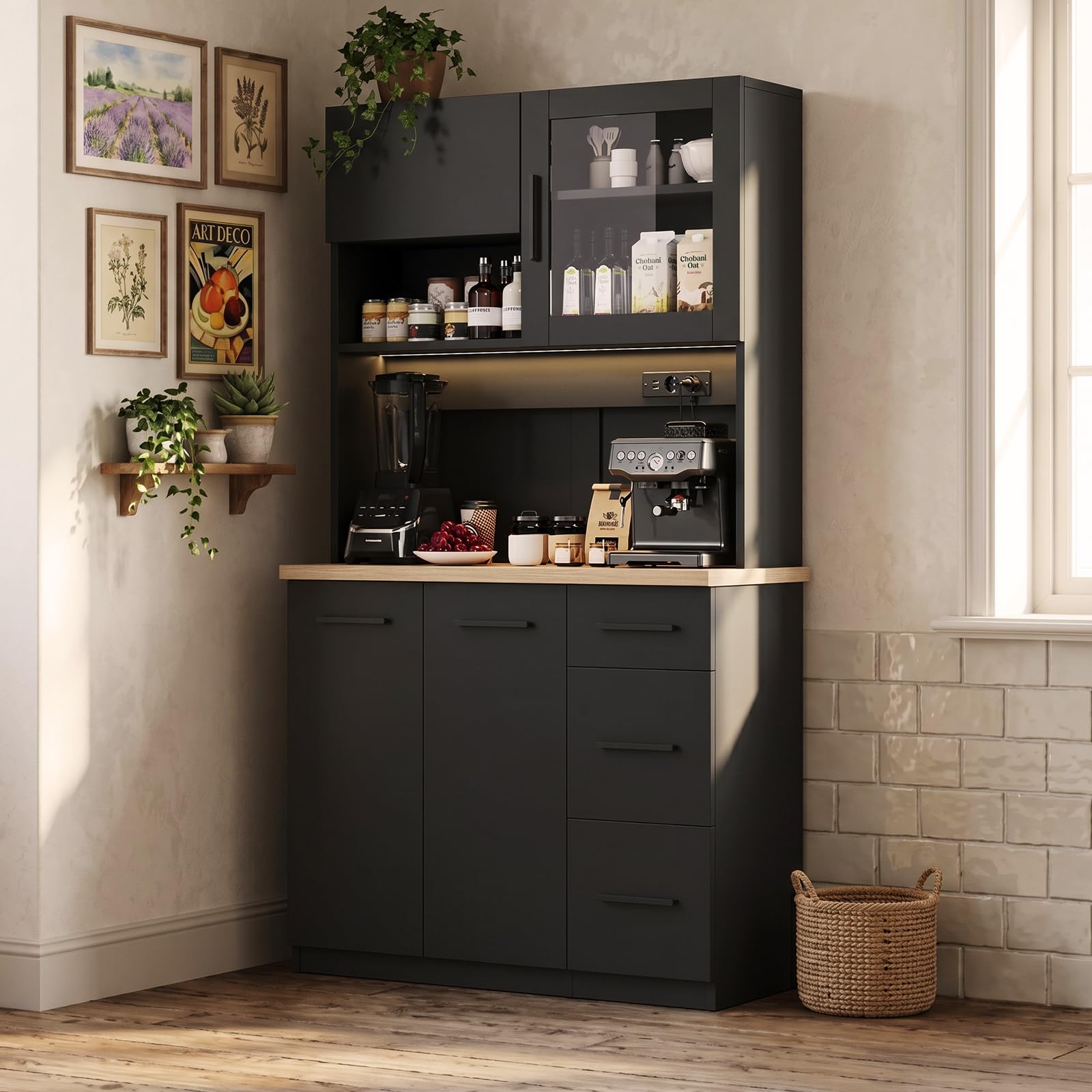 JUMMICO Buffetschrank, 100 x 40 x 182(H) cm, Küchenschrank mit 2 Steckdosen und LED Streifen 3000K, Küchenbuffet mit verstellbaren Einlegeboden und Arbeitsplatte 24 mm, Schwarz
