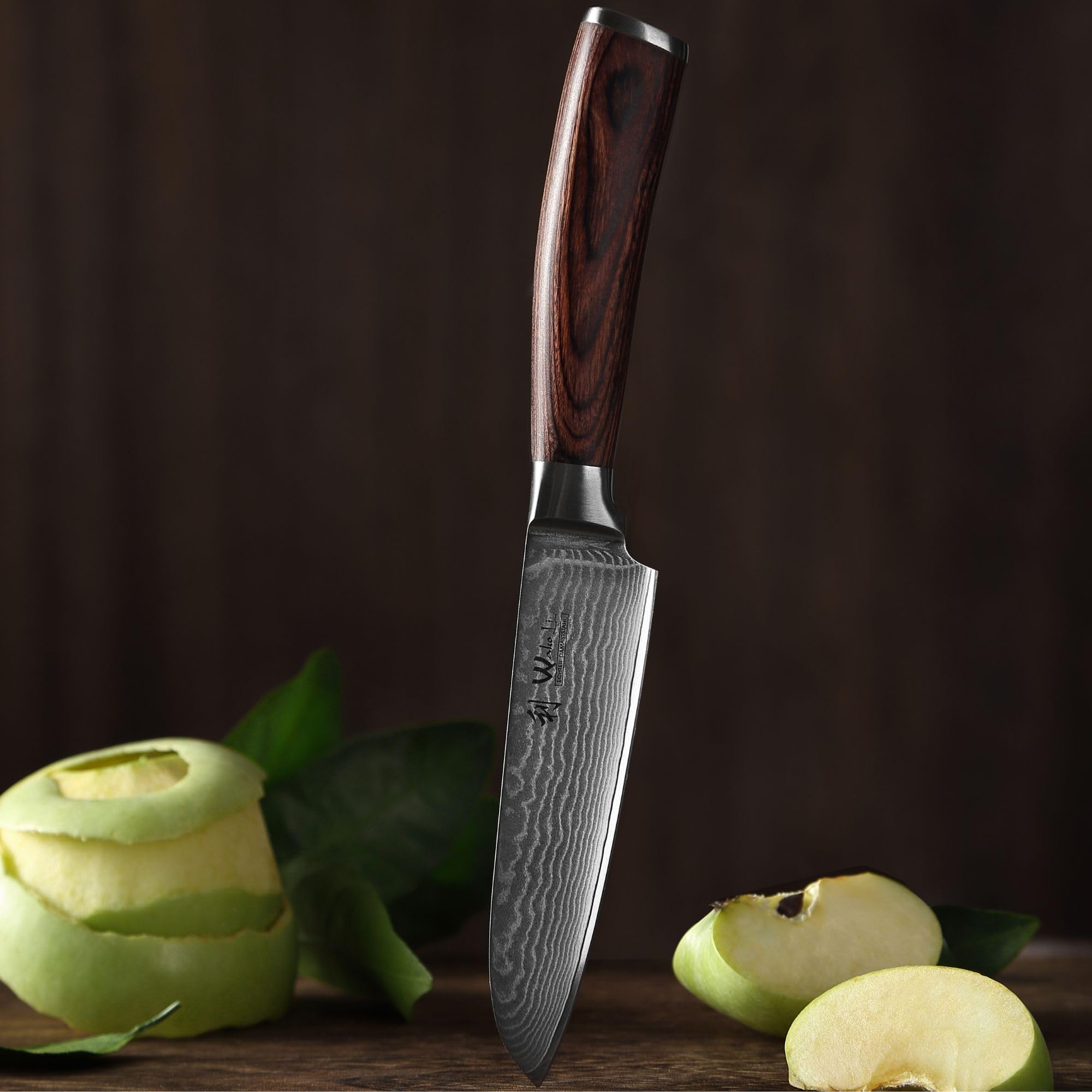 Wakoli Edib Mały nóż Santoku – profesjonalny nóż szefa kuchni z 67 warstw prawdziwej stali damasceńskiej VG-10 z uchwytem pakkawood