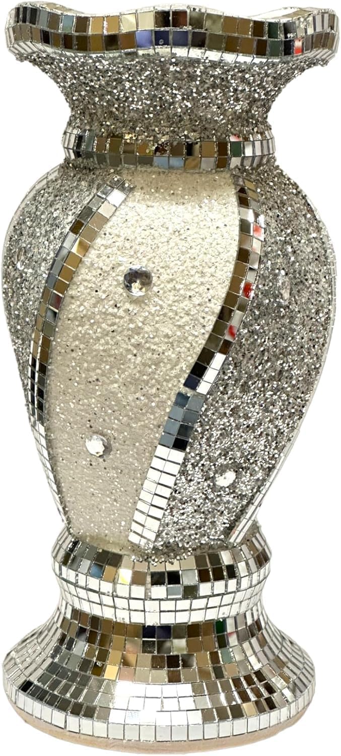 Crystal Crown® Crushed Diamond Silver Sparkle Mirrored Flower Pot Vase, Floral Design Crystal Ceramic Ornament, 25cm