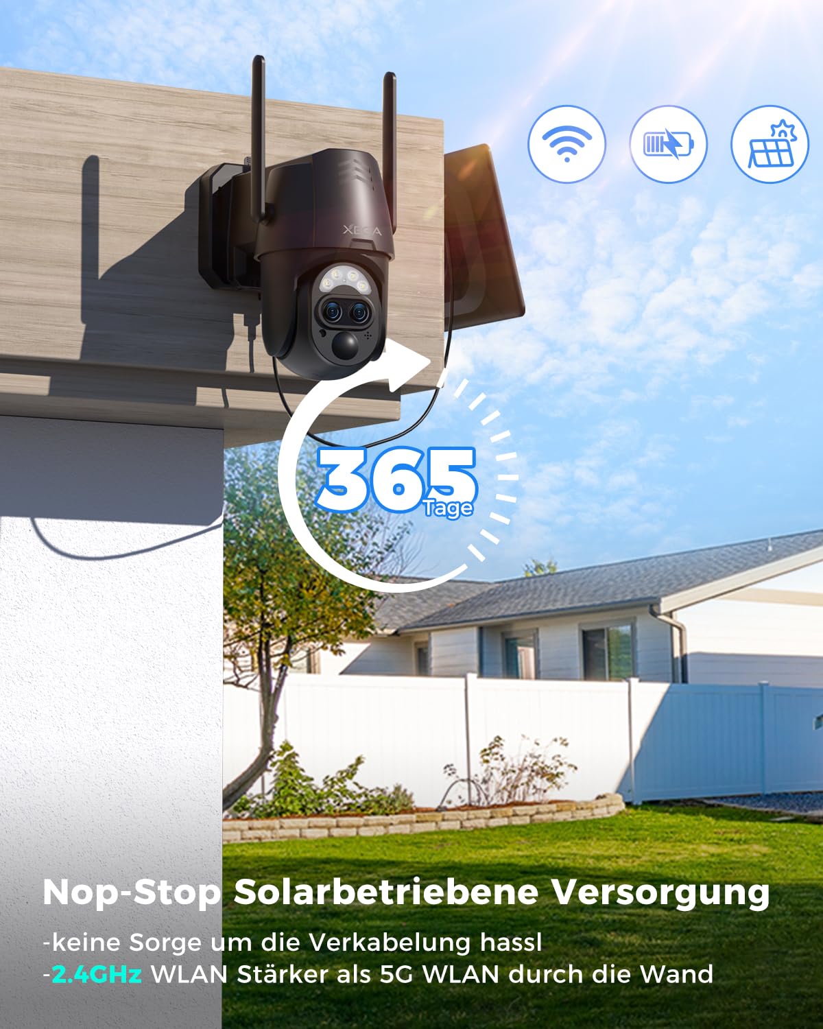 Xega Überwachungskamera Aussen Solar mit Dual-Objektiv【12X Hybrid-Zoom】 2K Kabellos WLAN Kamera Outdoor 8000MAh, AI Human Detection, 0,2s Alarm, Farbnachtsicht, 2-Wege-Audio, 2,4GHz WLAN, TF/Cloud