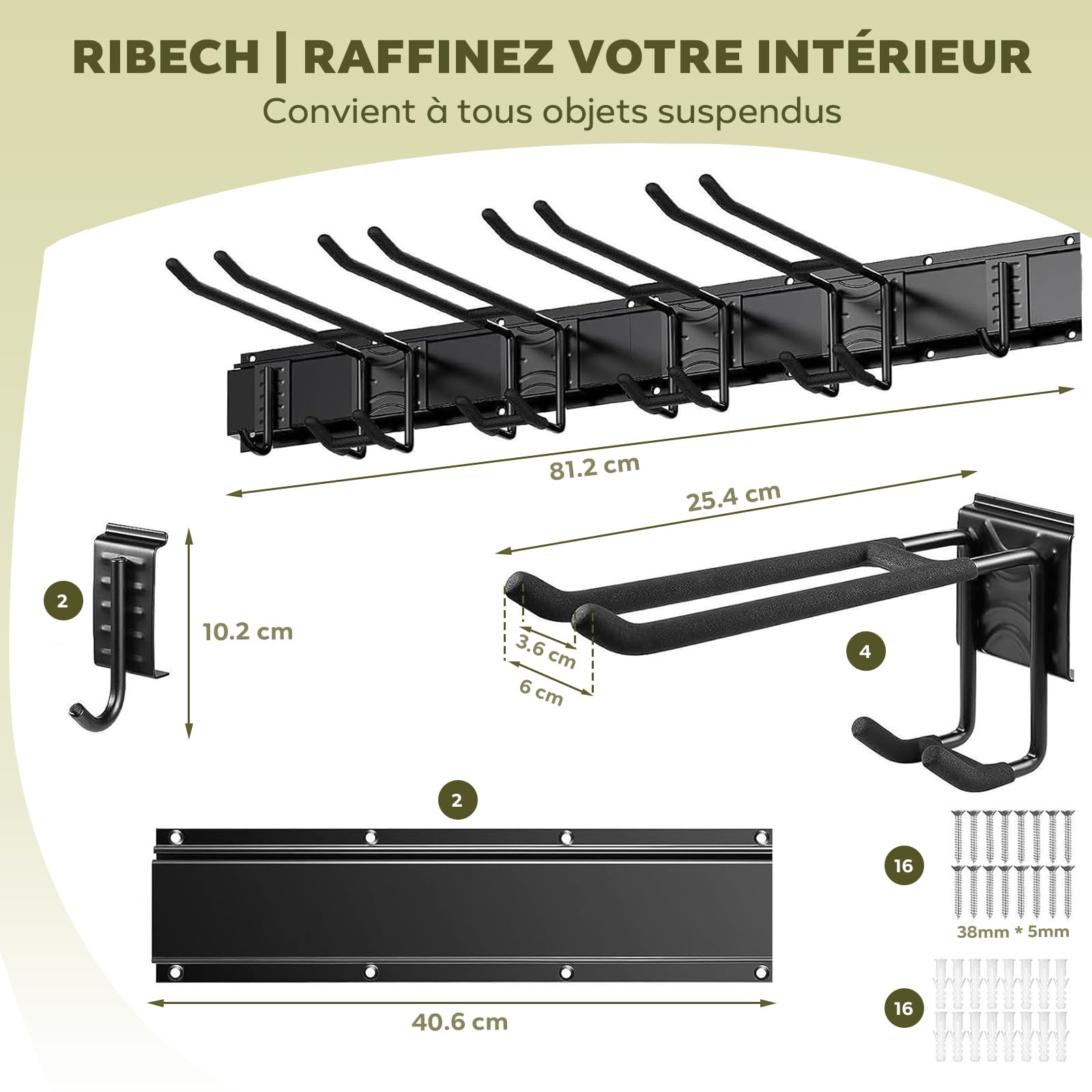 Range-mural pour Outils de Garage – Rail de Rangement 81 cm avec 6 Crochets (2 Types), Crochets Caoutchoutés, Capacité 140 kg, pour Outils de Jardin, Skis, Balais, Pelles – Fixation Murale