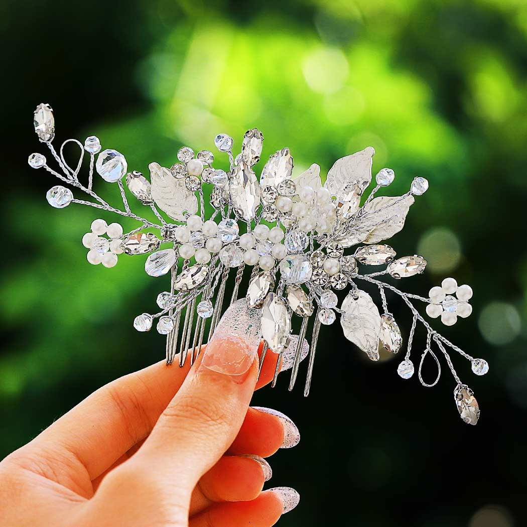 Leaf Bride Wedding Hair Comb Pearl Bridal Hair Piece Crystal Side Comb Hair Accessories for Women and Girls