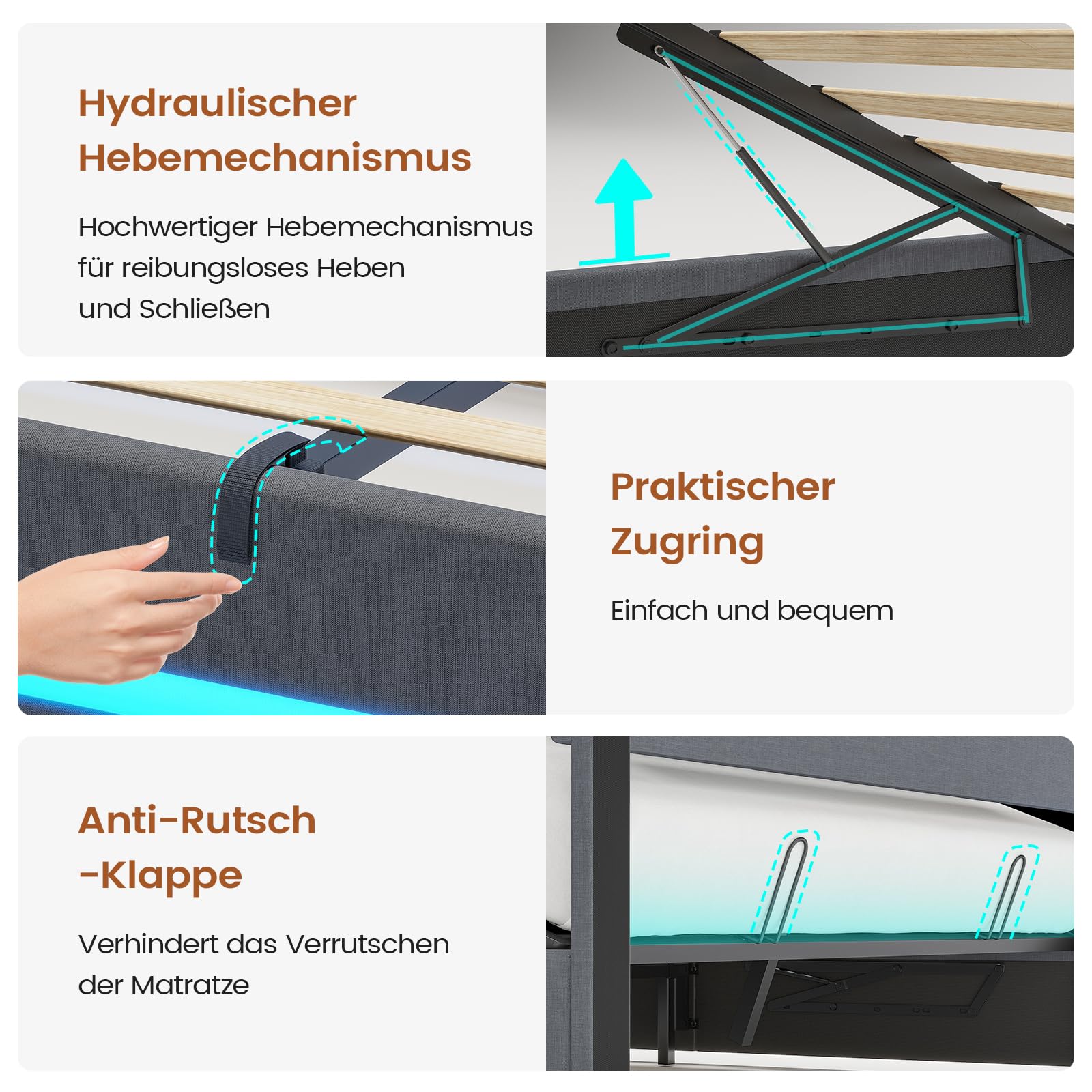AOGLLATI Polsterbett 160x200 CM mit Ladestation & LED-Beleuchtung,Doppelbettgestell mit Stauraum Kopfteil & Lattenrost, Schwebender visueller Effekt,Modern Bettgestell Leinen, Ohne Matratze,Dunkelgrau