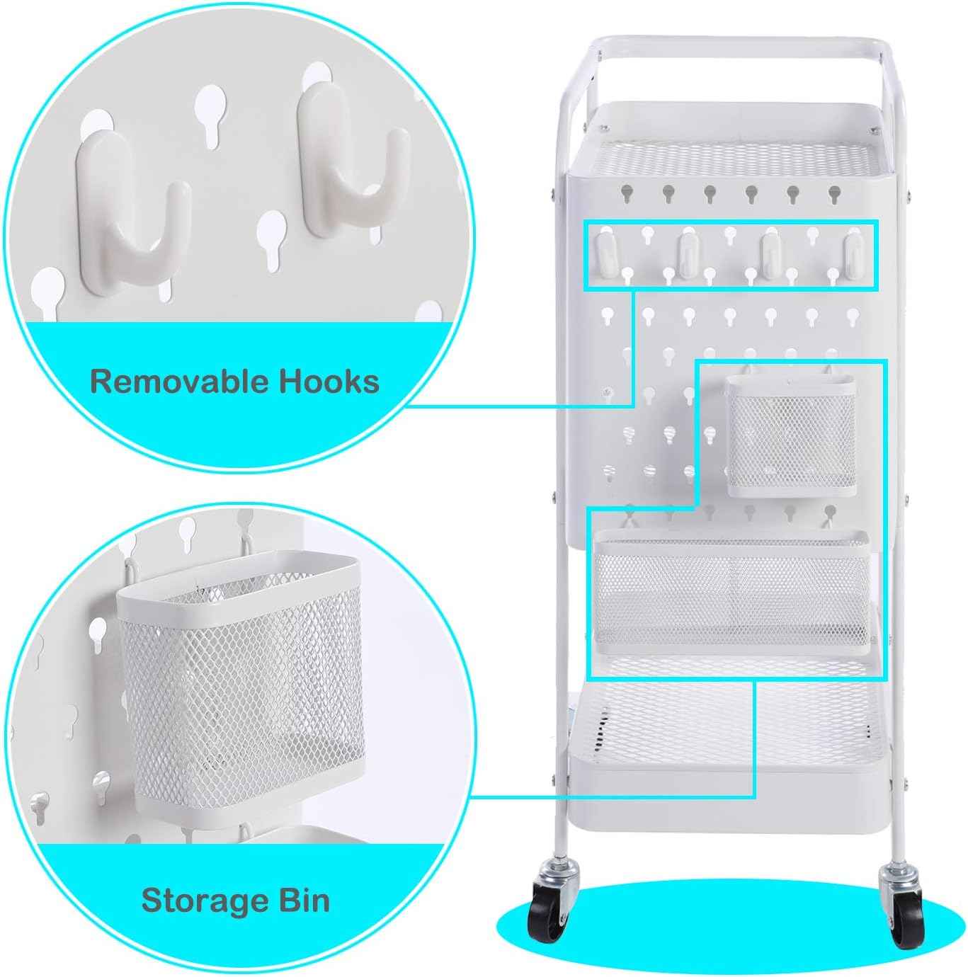 3-Tier Utility Cart, Rolling Storage Cart Shelf Rack with Removable Hooks and Basket Organizer Cart for Kitchen Office Bedroom Bathroom