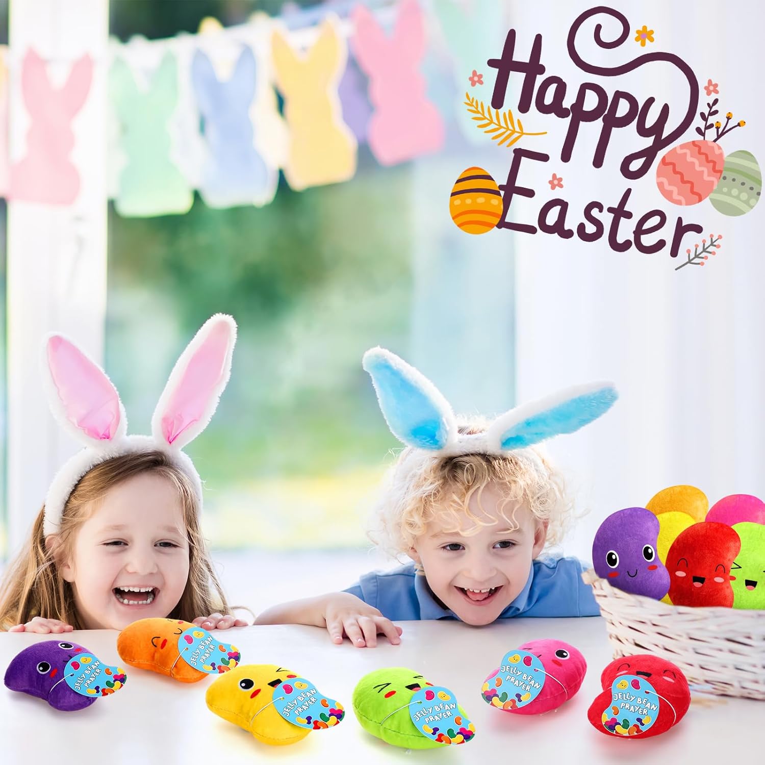 Mooliwe 24 Sets Easter Plush Jelly Beans with Prayer Card Soft Stuffed Easter Beans Bulk Religious Basket Filler Religious Gift for Kids Classroom Exchange Gifts Prizes Party Favors, 6 Colors