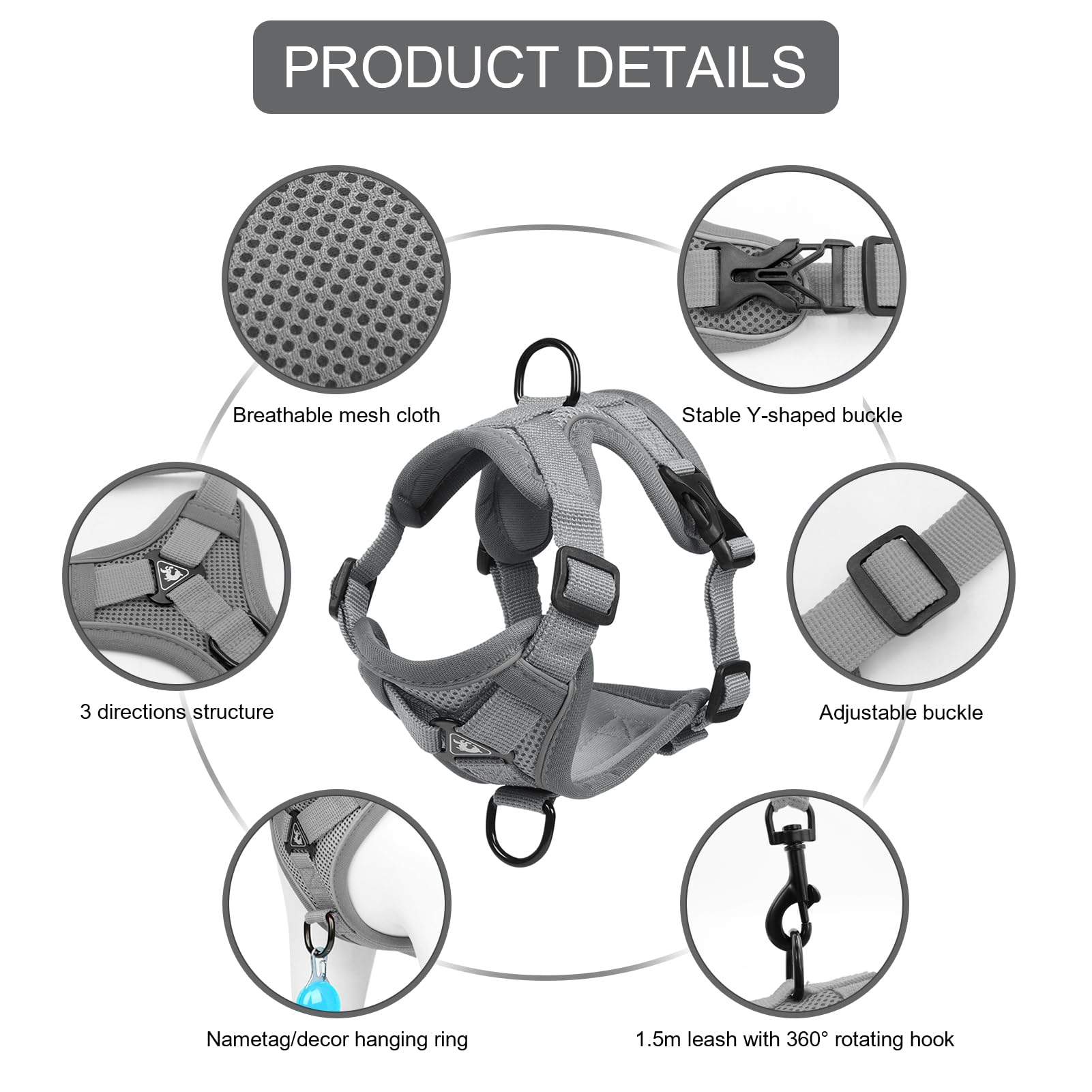 Cat Harness and Leash Set, Upgraded Escape Proof Adjustable Vest with Lead for Kitten Puppy Outdoor Walking, Soft Breathable Mesh Jacket with Reflective Strips for Dark Night (M, Mature Gray)