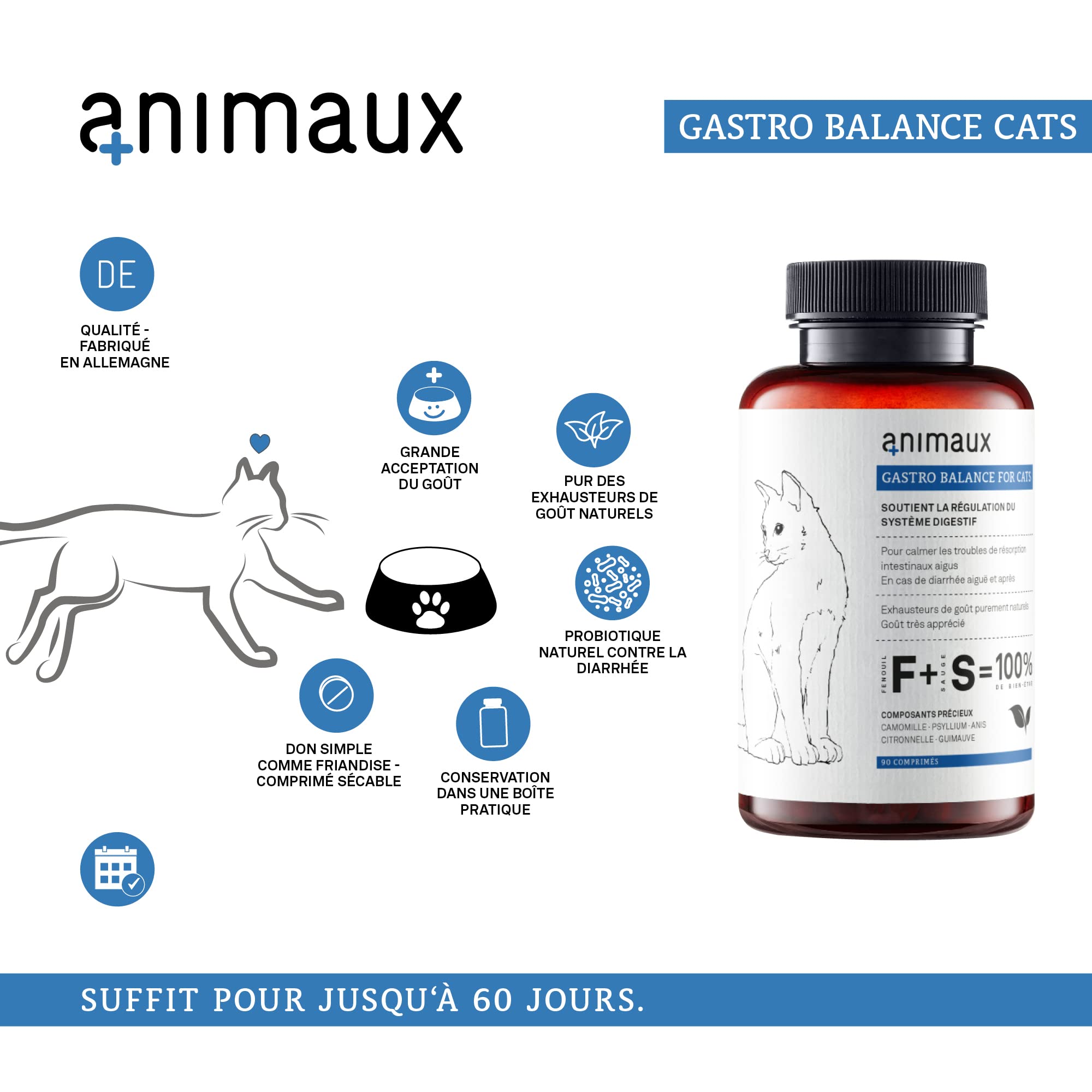 Probiotiques pour Chats à Donner régulièrement - 90 comprimés à mâcher - favorise la Digestion Naturelle - complément Alimentaire avec fenouil, Sauge & psyllium - animaux Gastro Balance for Cats