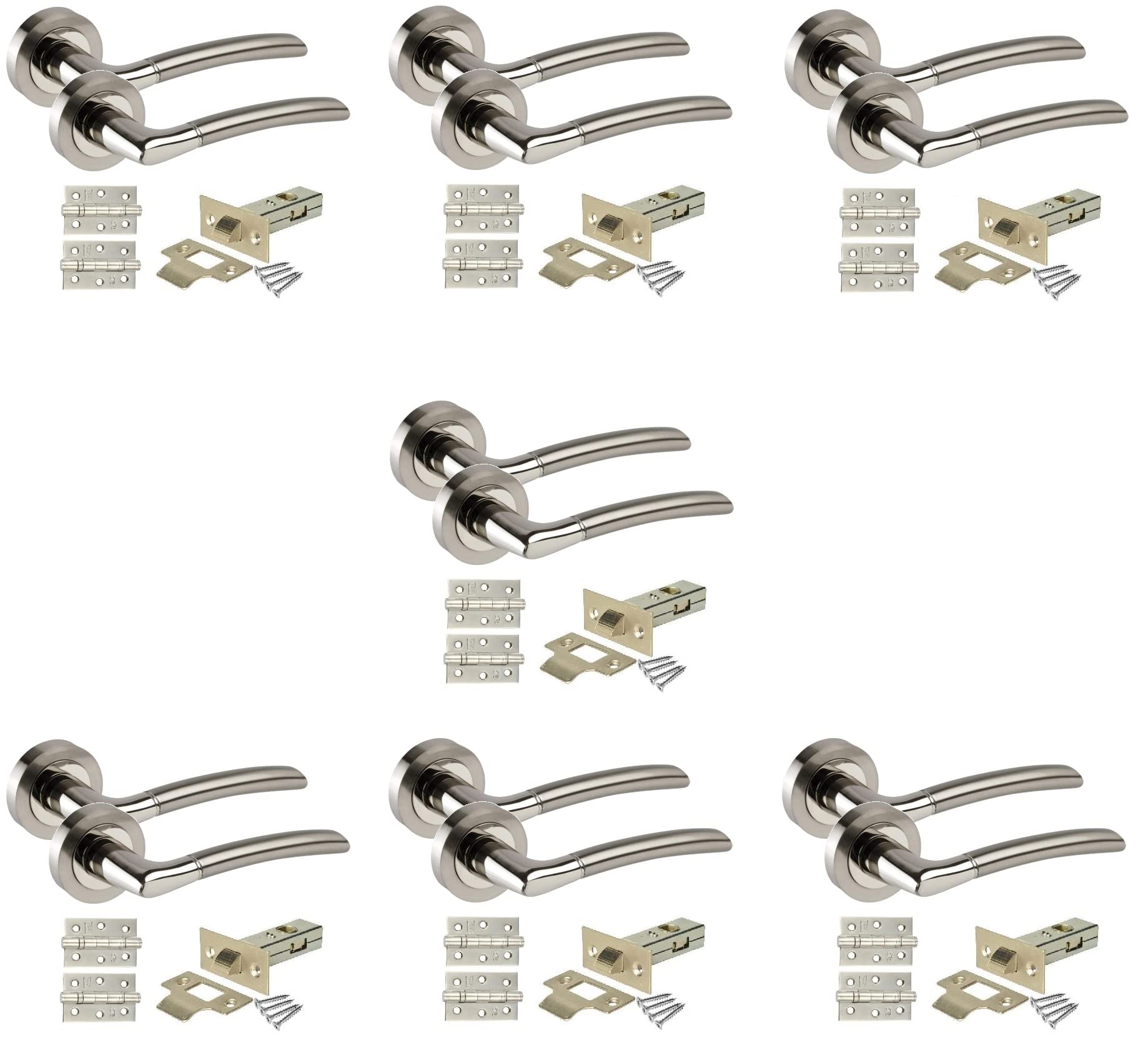 Golden Grace Indiana Style Modern Chrome Door Handles on Rose with Duo Finish Door Lever Latch Pack with Ball Bearing Hinges and 64mm Tubular Latch or Bathroom Set or Lock Set (7 Sets)