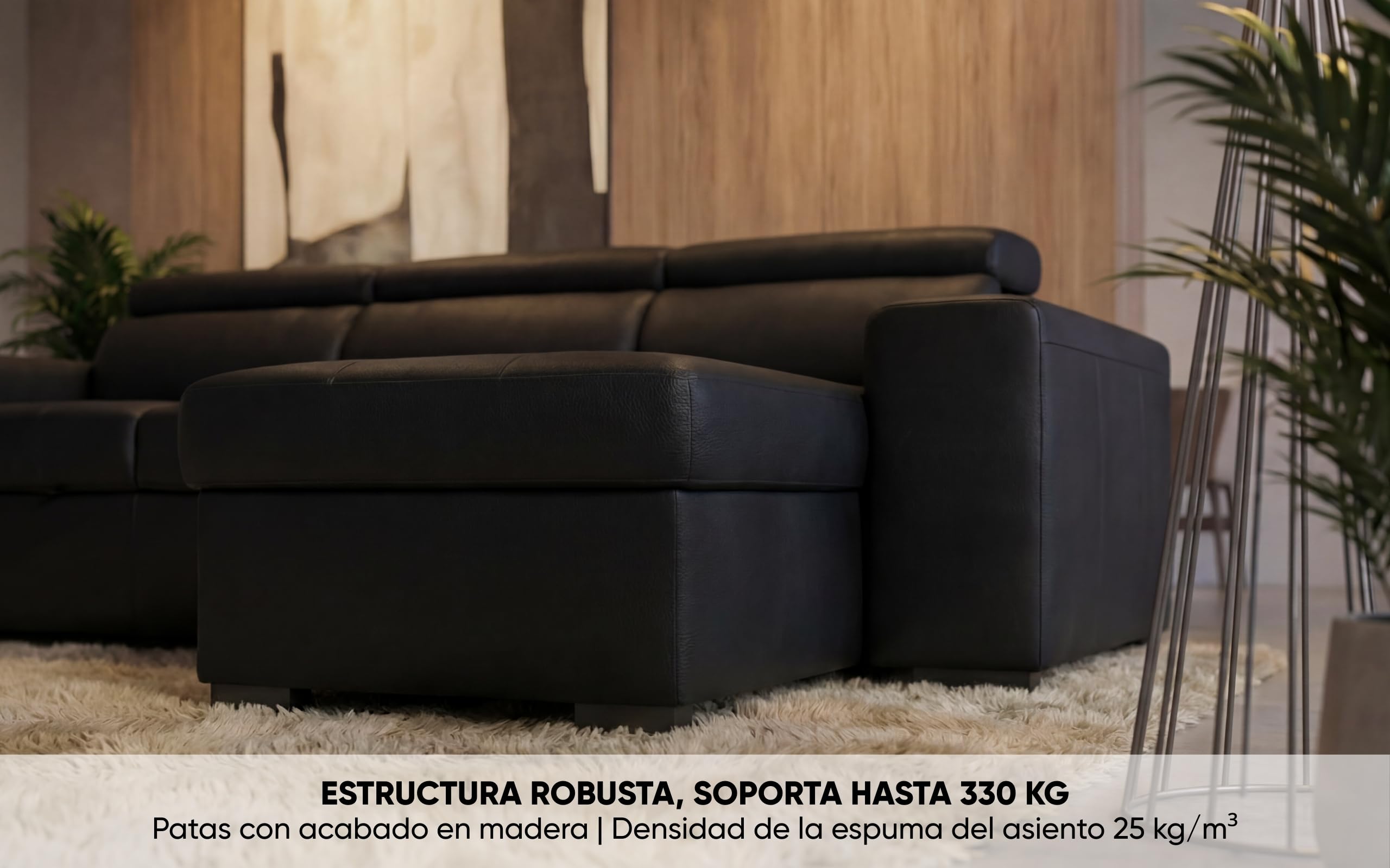 BUDWING John Sofá Cama Esquinero 4 Plazas - Chaise Longue Reversible, Reposacabezas Ajustable y 2 Pufs – Tapizado en Poliuretano – Estilo Moderno – 263x161x96 cm – Negro