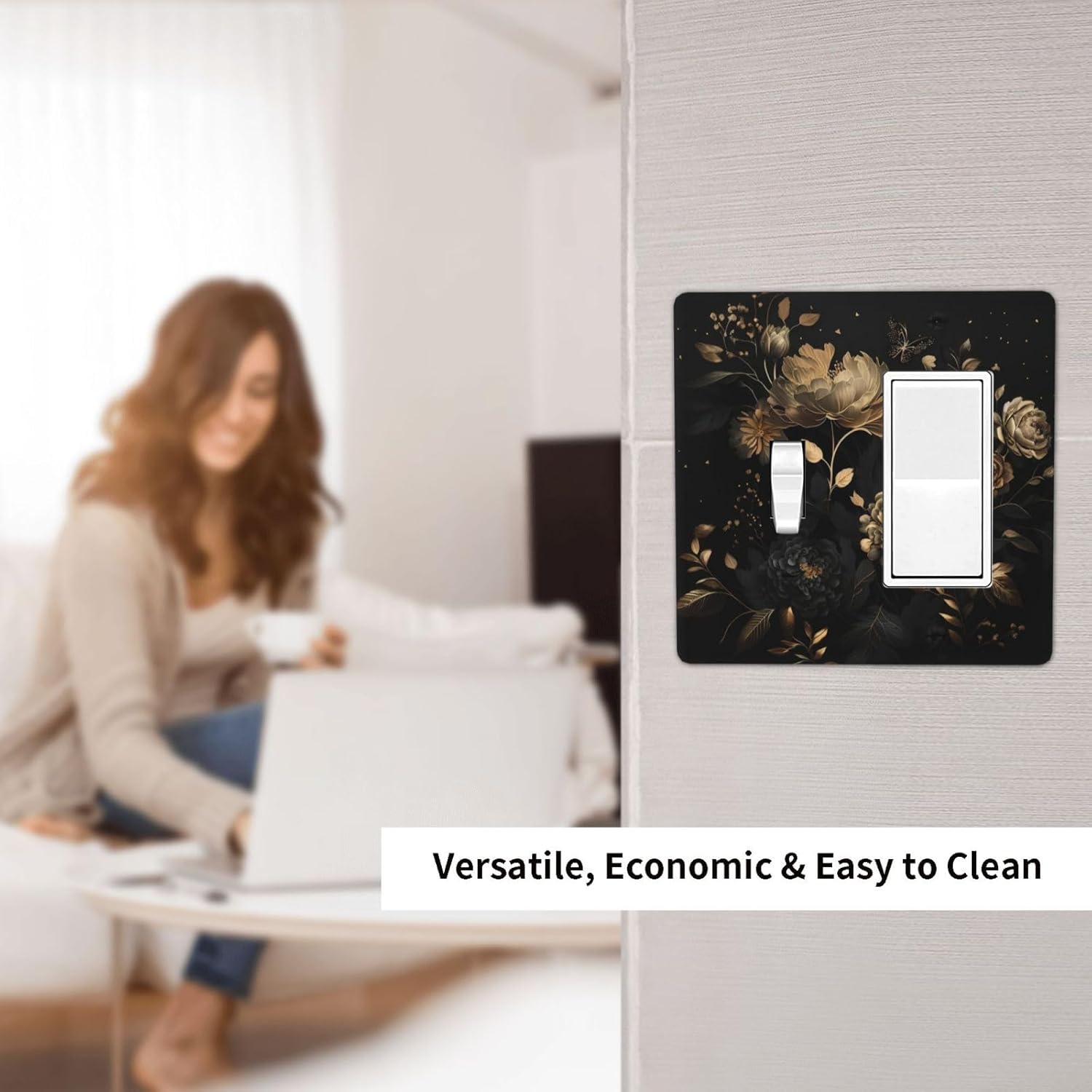 Black Gold Rose Floral Peony Flower Leaves Butterfly 2 Gang Combination Light Switch Covers Decorative Toggle Rocker/Decora Wall Plate Electrical Receptacle Switchplate Plug Faceplate Decor