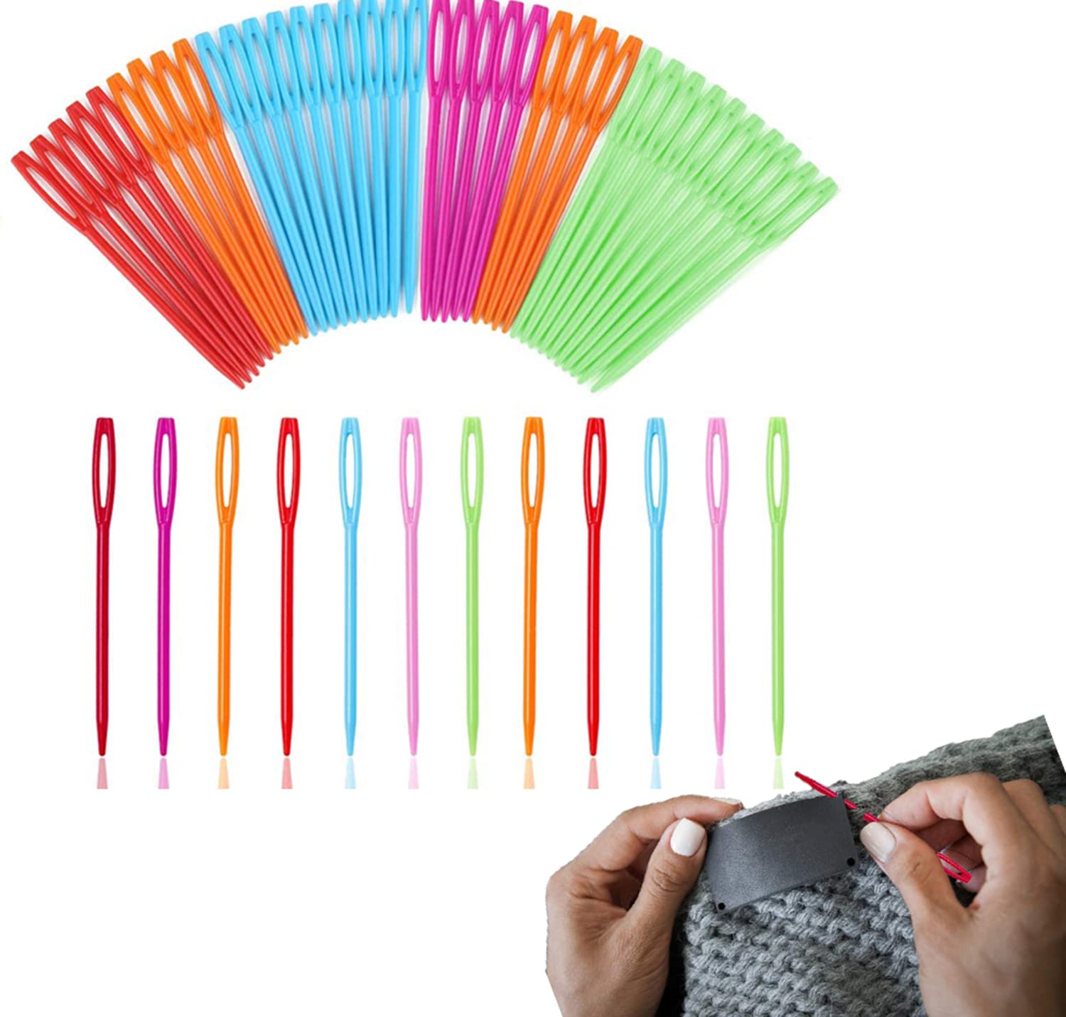 DELFINO Large Eye Plastic Needles, 2.7Inch/7cm Learning Needles, Safety Plastic Lacing Needles for Kids and Sewing Handmade Crafts, Sizes Yarn Sewing Needle, For DIY Sewing Crafts, Random Color 50 PCS