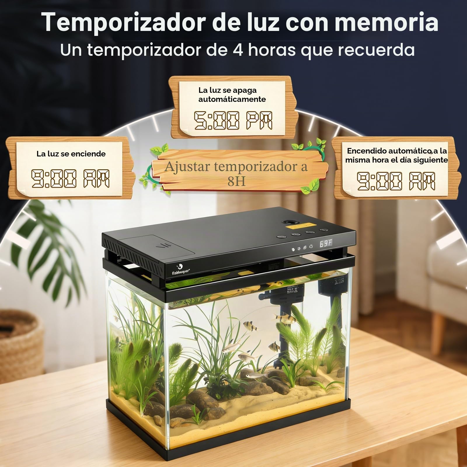 fishkeeper Acuario inteligente de 2.3 G, kit de pecera de vidrio HD con alimentador automático, bomba de filtro silencioso autolimpiable, aromaterapia, visualización de temperatura y luces RGB de 7