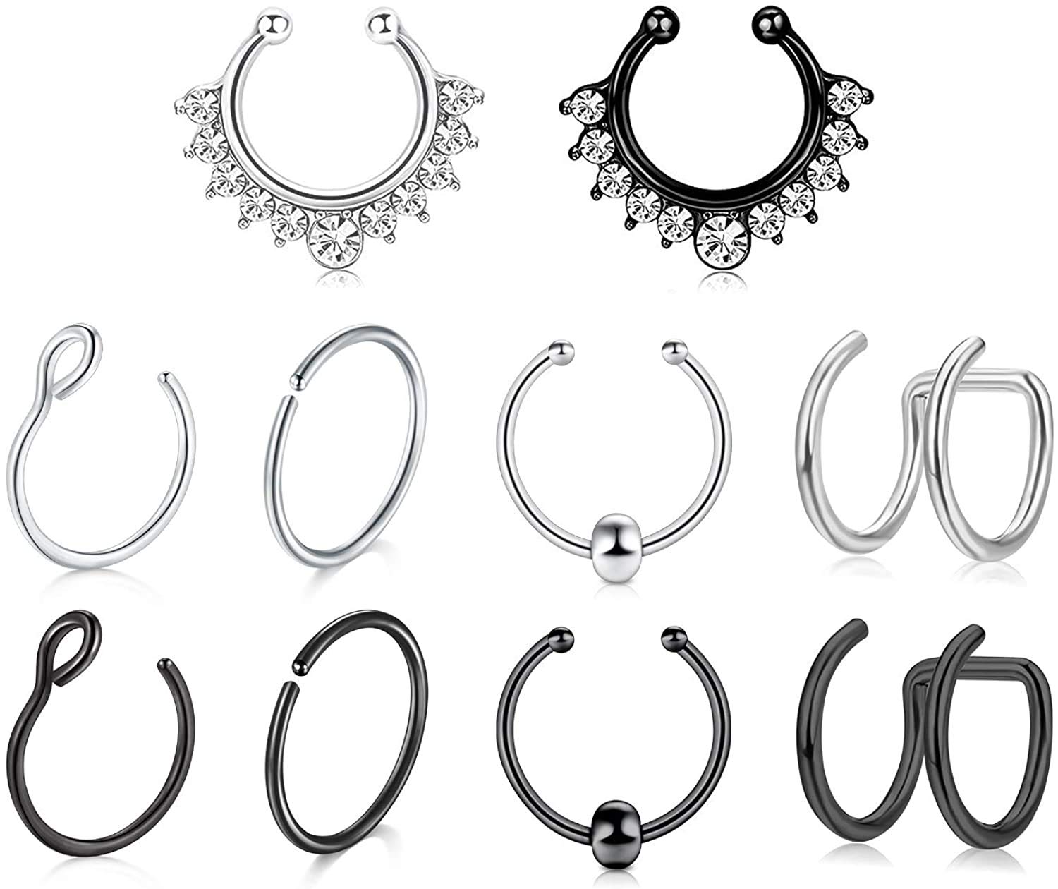 Rajnard Fake Piercing Nariz Falso Nariz Piercing Acero Quirúrgico Falso Helix Tragus Piercing Falso Labret Stud No Perforado Piercings Joyería para Mujeres Hombres