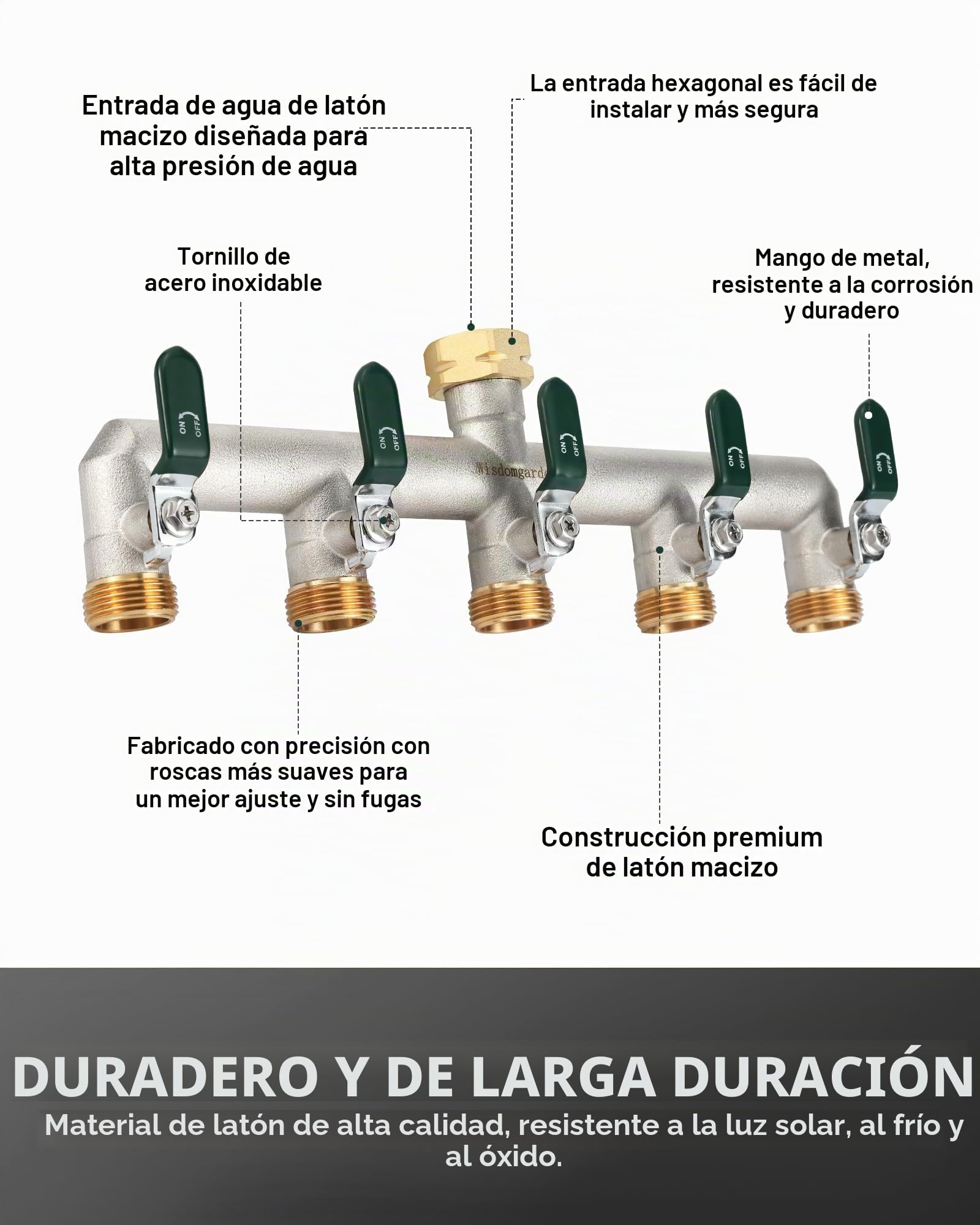 Repartidor de agua de 5 vías, 5 vías, en latón niquelado, para grifo de jardín, 5 vías, con manijas verdes, resistente, conexión hexagonal con adaptadores de 1/2"