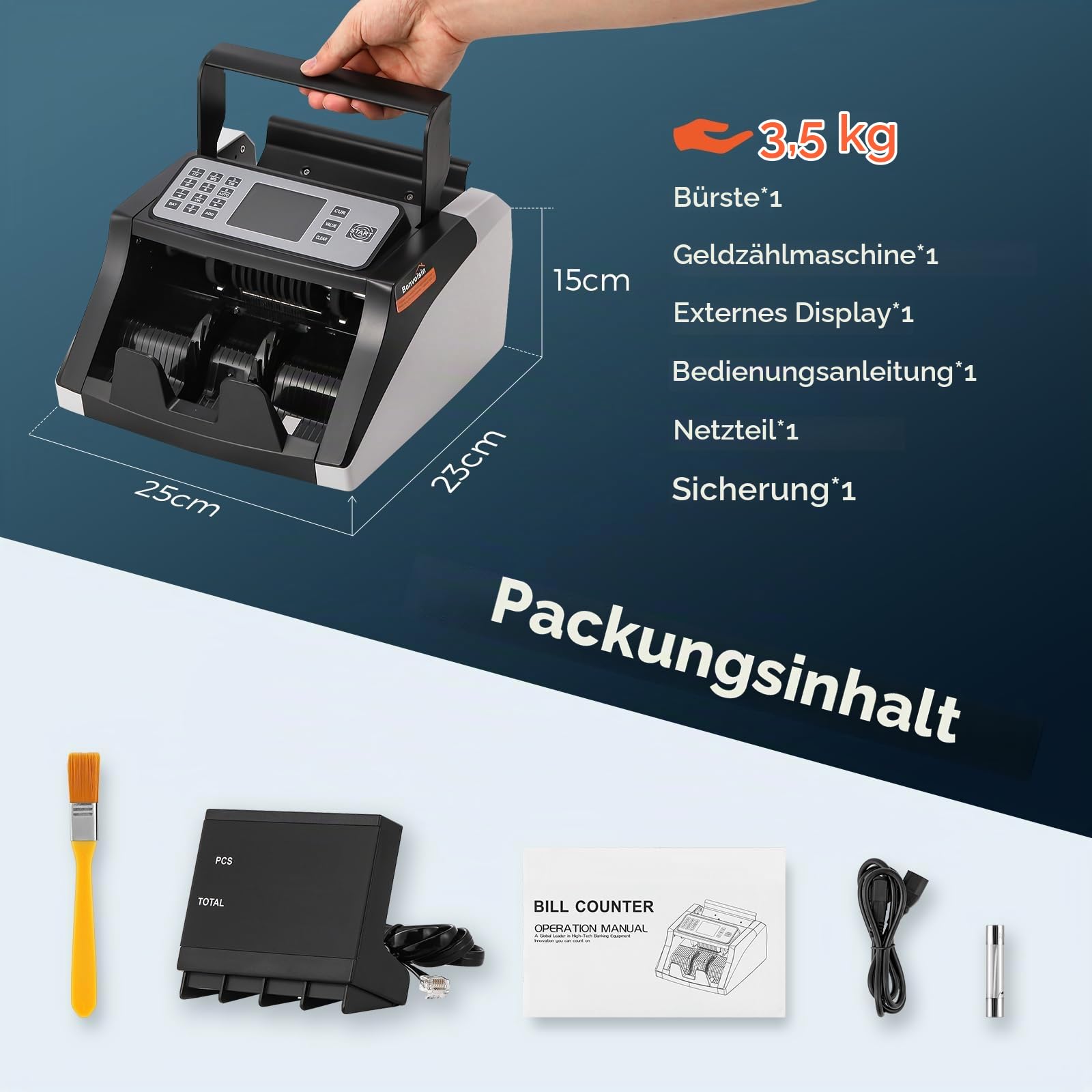Bonvoisin Einfacher Geldzählmaschine, zählt sortierte Nennwerte | 1000 Stück/Min., UV/IR/MG-Fälschungserkennung, Batch-, ADD-Funktionen, Zusätzliches Display (Mischbeträge nicht Zählbar)
