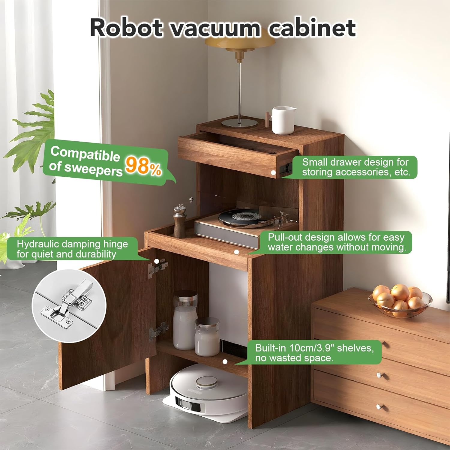 Robot Vacuum Cabinet, Wood Hidden Robot Vacuum Storage Cabinet with Doors, Side Table for Living Room Kitchen Office, Easy Water Changing