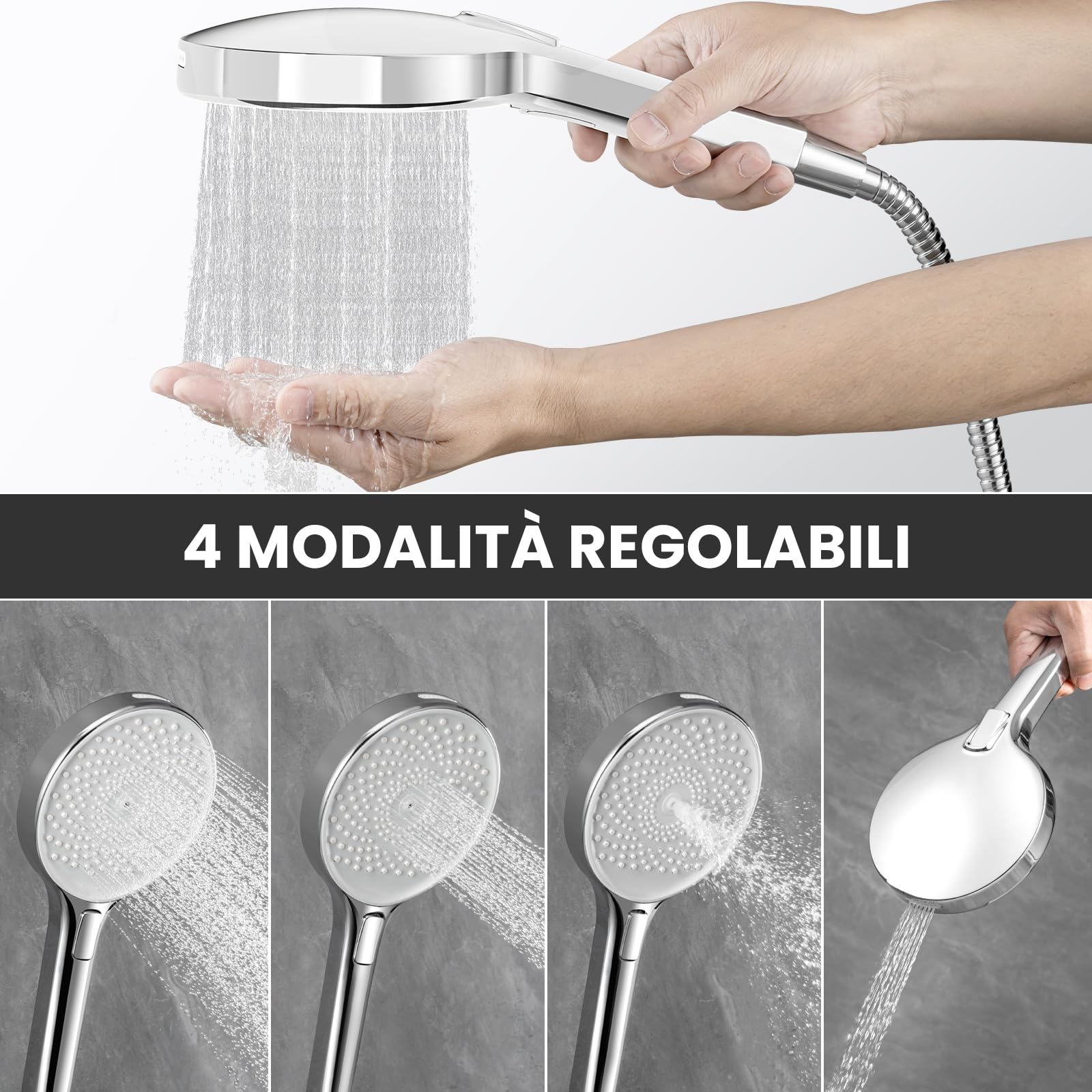 Auralum Soffione Doccia Anticalcare 140 mm - Alta Pressione 4 Modalità Regolabili Risparmio Idrico - Ugelli Silicone Autopulenti Cromato Bianco
