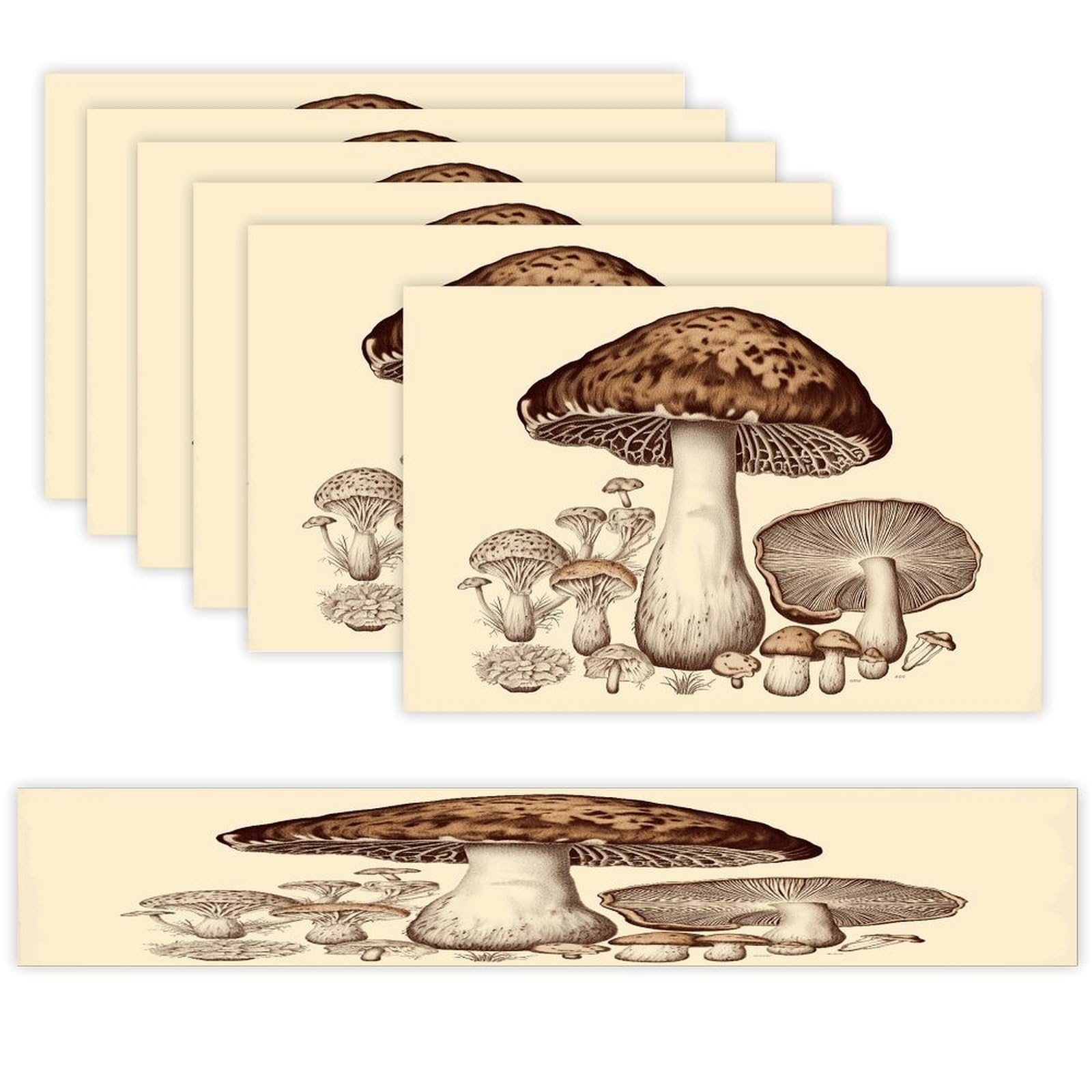 Vintage Mushrooms Drawing Table Runner and Placemats of 6 Washable Heat Resistant Place Mats with Table Runner Vintage Holiday Table Mat Set for Holiday Party Kitchen Dining Deco