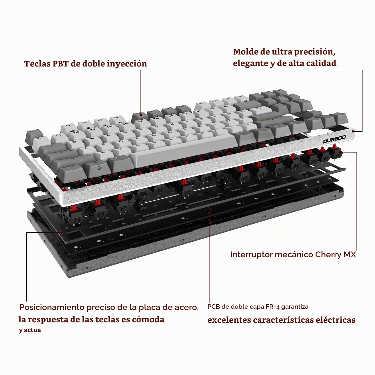 DURGOD Teclado mecánico Gaming Cherry MX Brown 87 Teclas USB C Cable PBT Keycaps